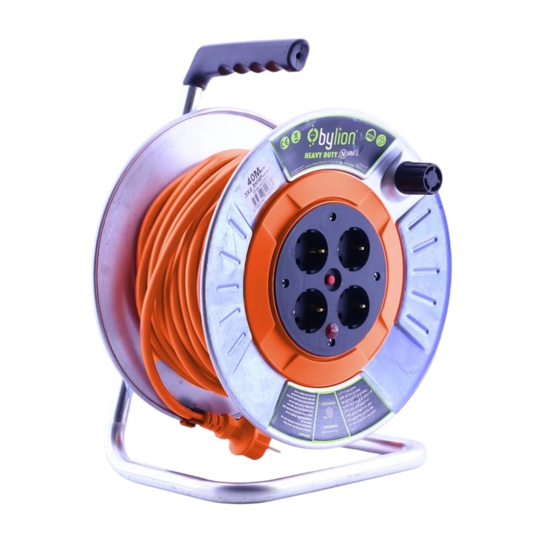 Bylion MME-30325-F IP20 Metal Makaralı Seyyar 4 Prizli Uzatma Kablosu 3x2.5 mm CCA Kablo 30 Metre Termal Sigortalı