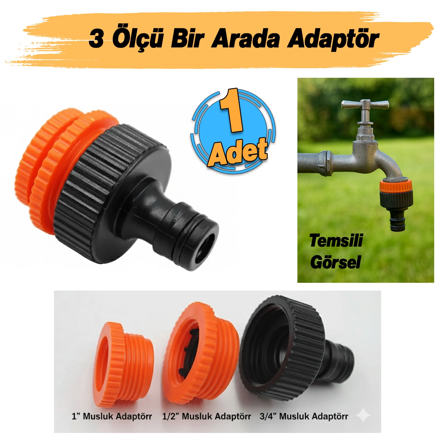 Adaptör 3 Farklı Ölçülü Hortum Bağlantı Aparatı Eki 1/2" - 3/4" - 1" MD306 Bahçe Hortum Ucu Plastik