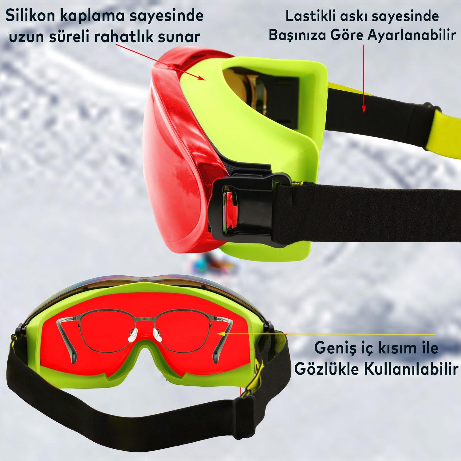 Bellasimo Kayak Gözlüğü Değiştirebilir Camlı Antifog Güneş Kar Gözlük Kırmızı Snowboard Glasses Gözlük