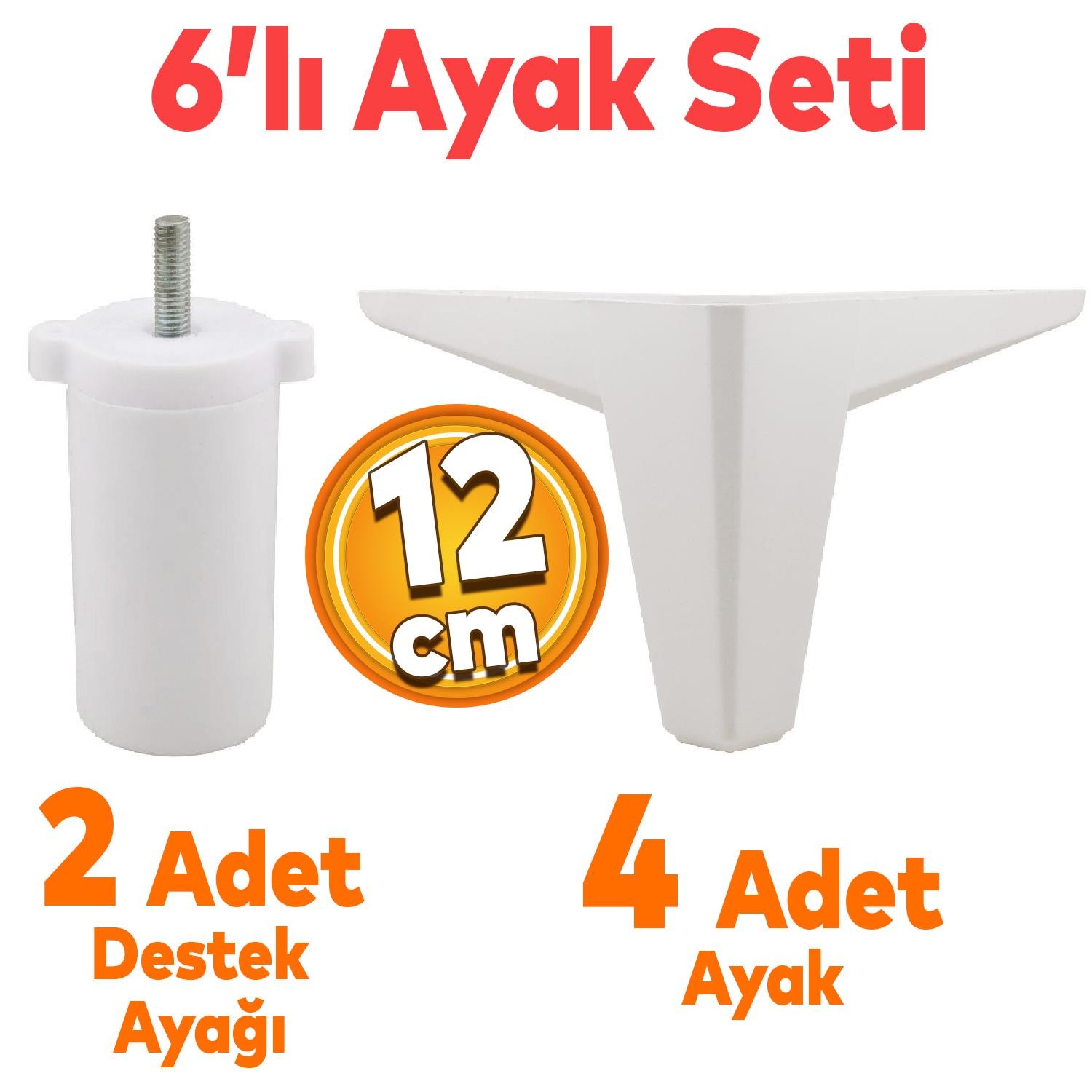 Sedir 6'lı Set Mobilya TV Ünitesi Çekyat Koltuk Kanepe Destek Baza Ayağı 12 cm Beyaz Kanat 17 Ayak