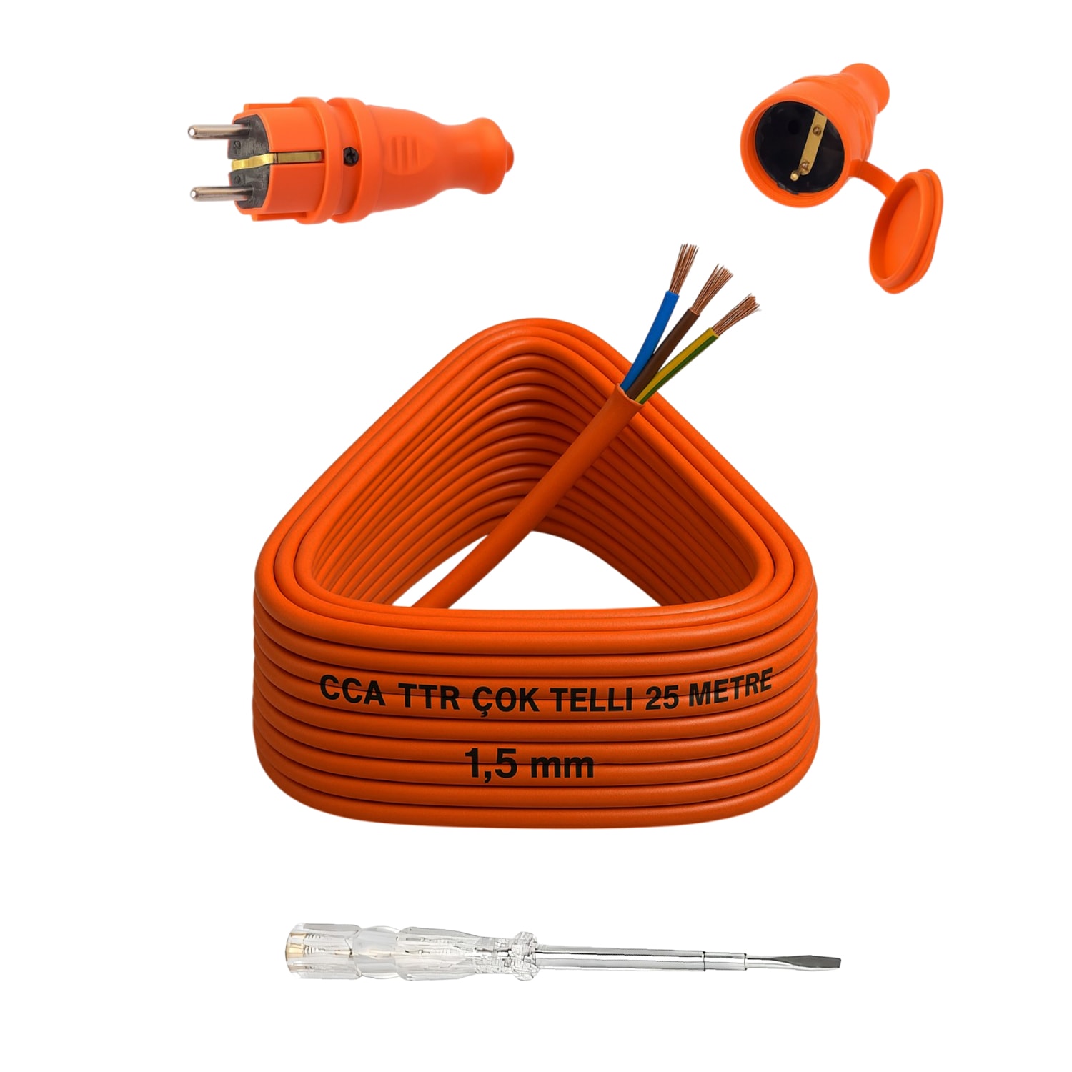 Seyyar 25 Metre Uzatma Kablosu TTR CCA Telli 3x1.5 mm Elektrik Kablo Kontrol Kalem Dişi Erkek Fiş