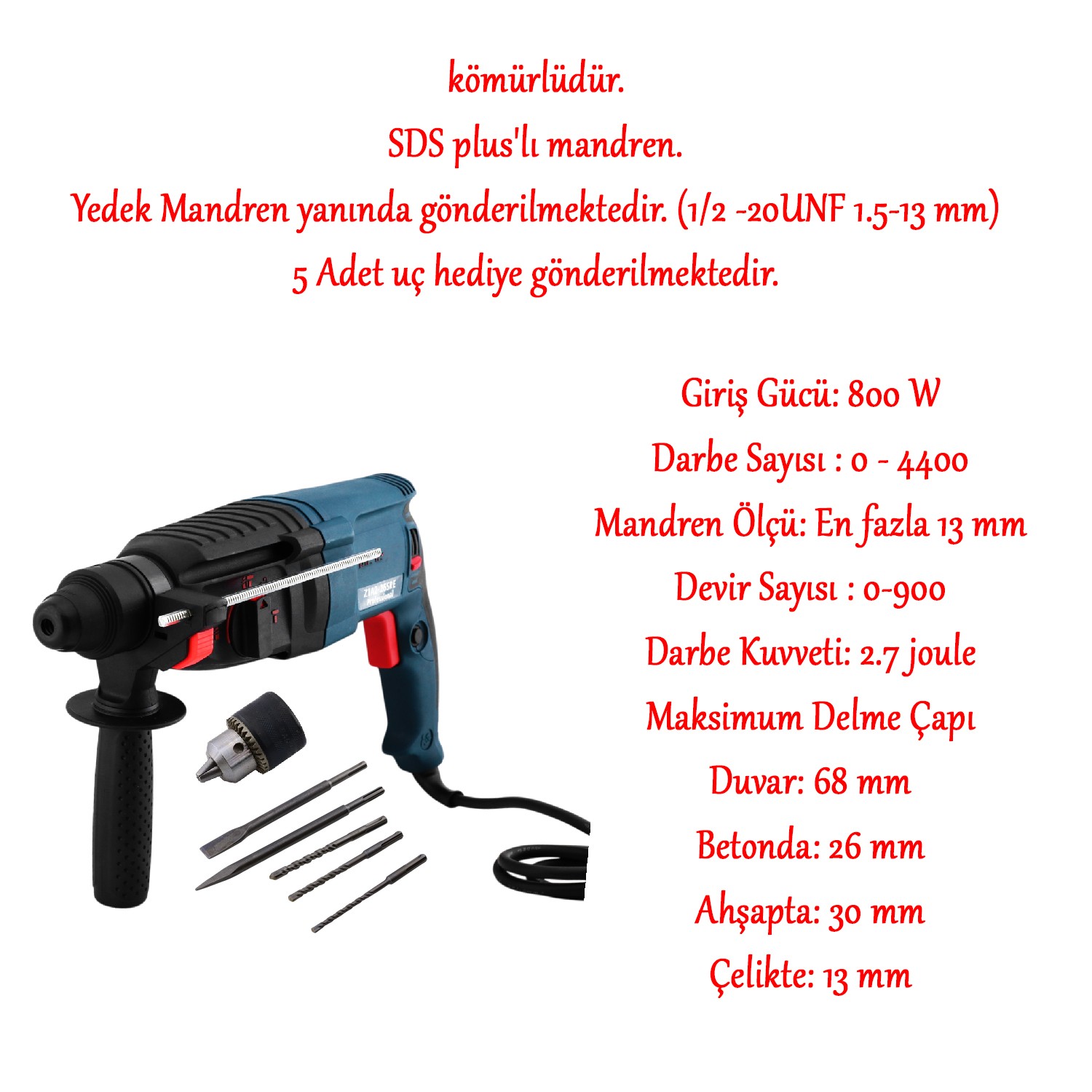 Sds Plus Darbeli Matkap 800 W Metal Beton Ahşap Kömürlü Delme Kırıcı Delici 2.7 Joule Pnömatik