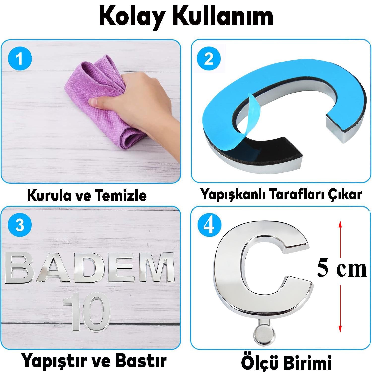 Harf Yapışkanlı Ç Harfi 5 cm Kapı Oda Posta Kutusu Oto Araç Harfi Yazısı Parlak Krom Gümüş 