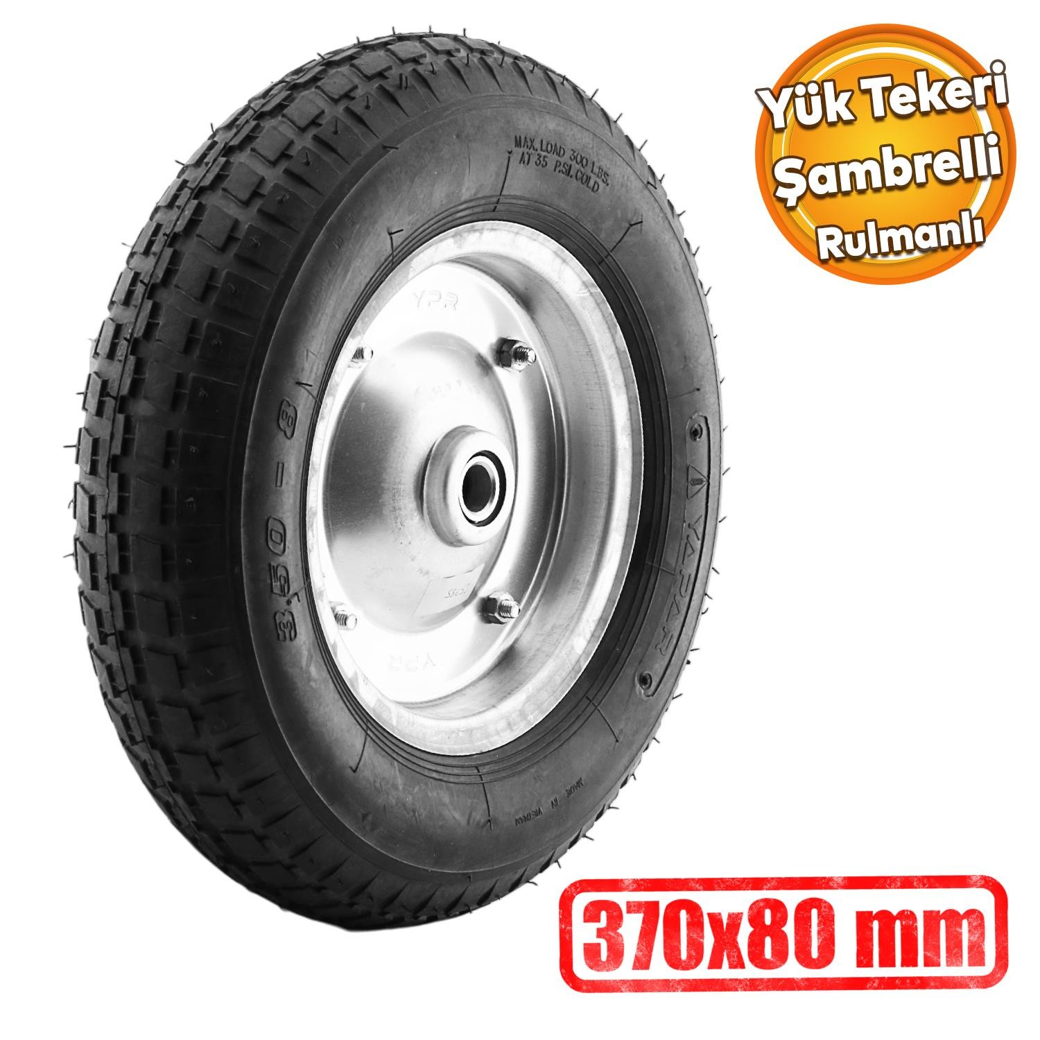 El Arabası Yük Taşıma Tekeri Siboplu Bilyeli Rulmanlı Havalı Dublex 370x80 mm Çelik Jant Tekerlek