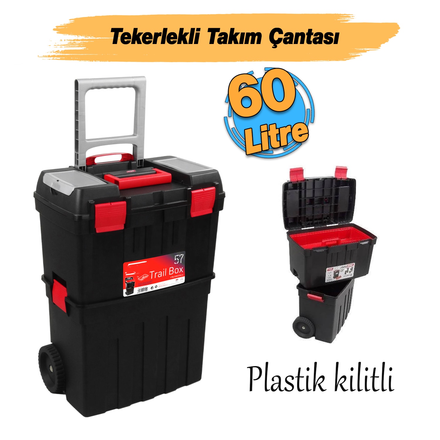 Tekerlekli Taşınabilir 60 Litre Organizer Bölmeli Taşınabilir Kulplu Takım Çantası Alet Çanta