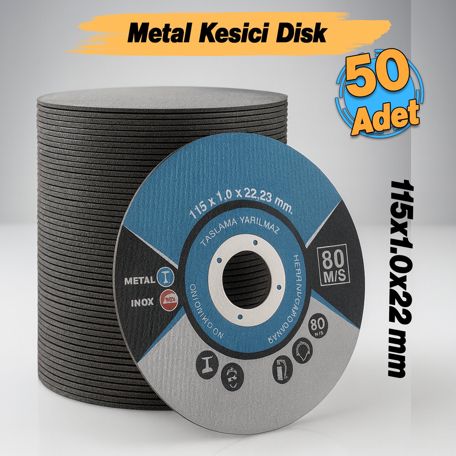 İnox Metal Kesici (50 Adet) Kesme Diski 115x1,0x22,23 mm İnce Taş Disk Spiral Demir Kesici Disk