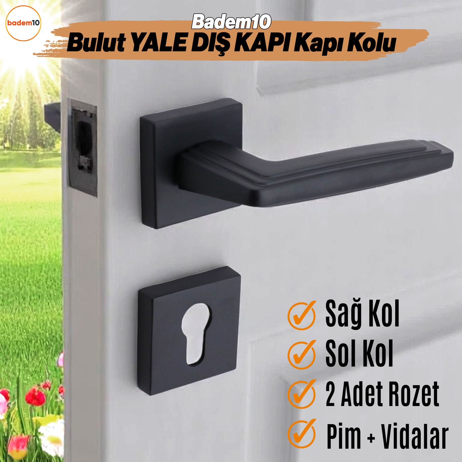 Bulut YALE DIŞ KAPI Kolu Siyah Kare Rozetli Sağa Sola Uygun Ev Kapı Kolları Kilitlenebilir 1 Takım