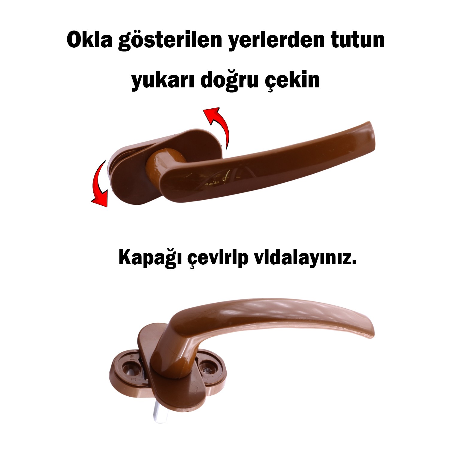 Kahverengi PVC Pencere Kolu Pimapen Uyumlu Sağ-Sol Açılır Yedek Balkon Vidalı Plastik Kol Mekanizma