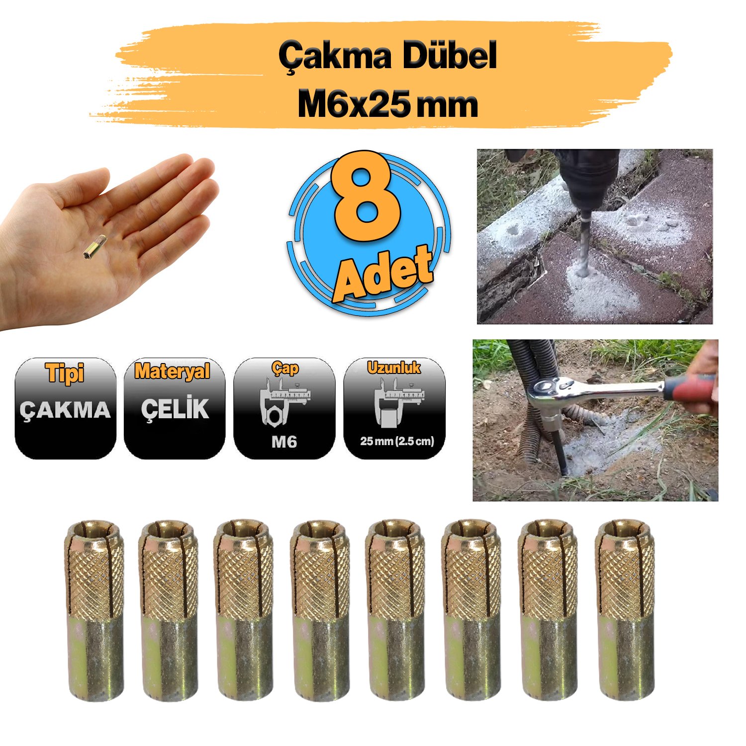 Çakma Çelik Dübel İç Dişli M6x25 mm Çanak Anten Raf Montaj Bağlantı Monte Asma Aparat 8 Adet