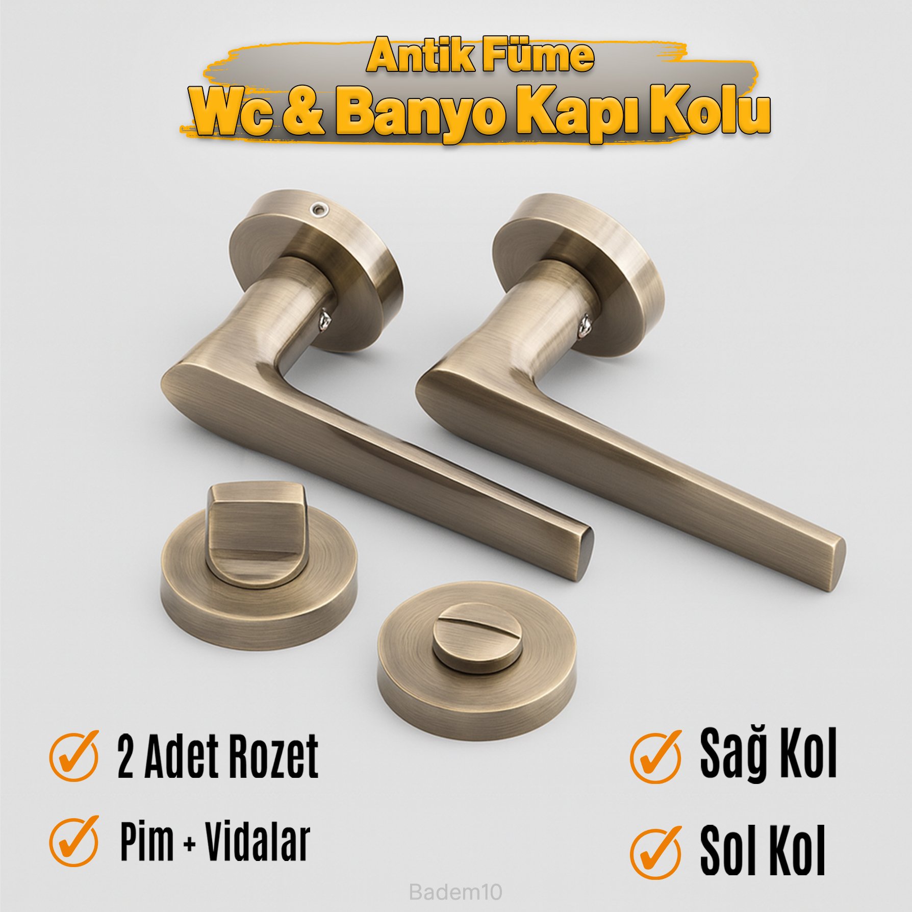 Antik Füme Wc Banyo Tipi Kapı Kolu Rozetli Sağ Sol Uygun Modern İç Kapı Kilitli 1 Takım