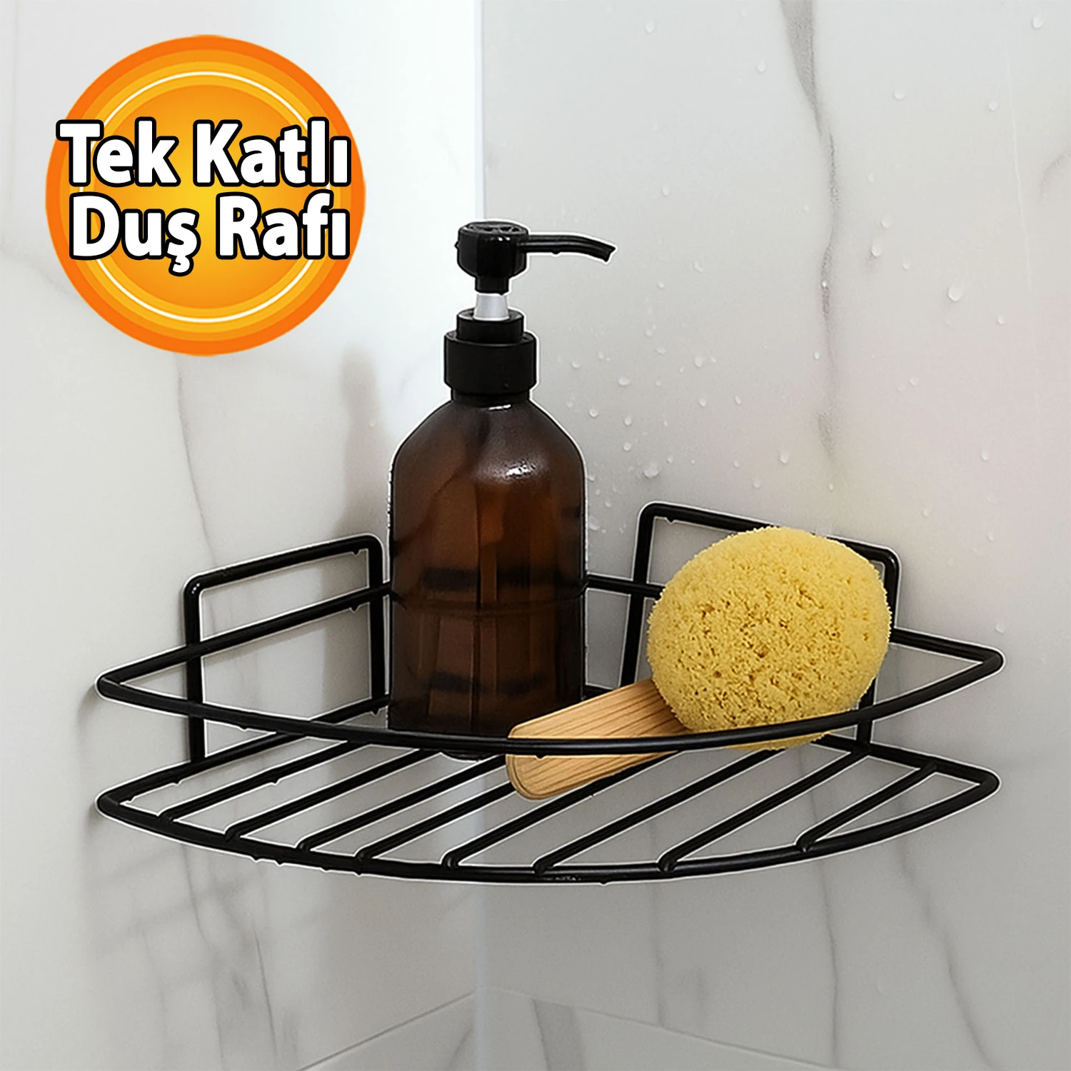 Siyah Tek Katlı Duş Şampuanlık Banyo Rafı Metal Şampuan ve Aksesuar Düzenleyici Vidalı Montaj