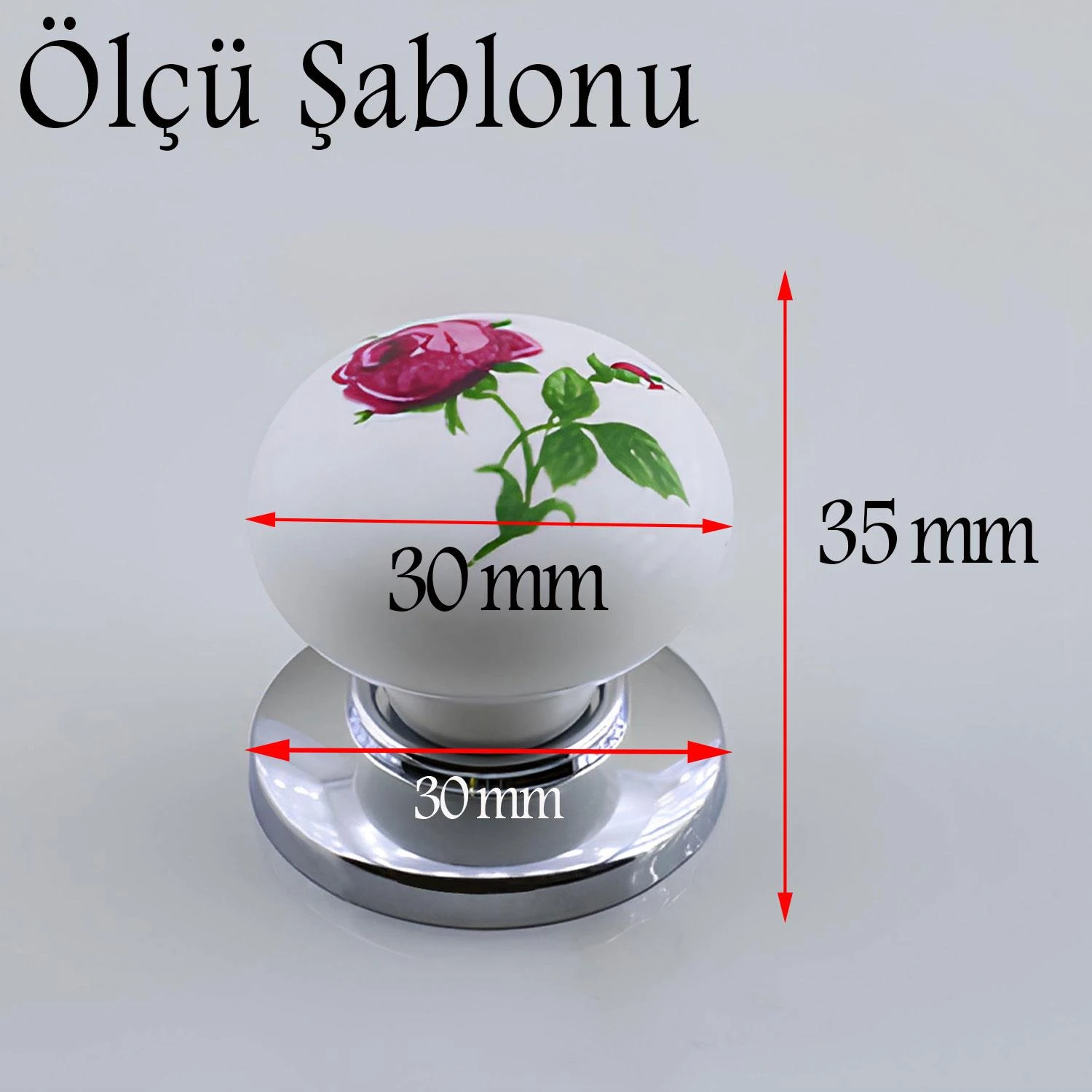 Polimer Düğme Kulp Gül Desenli Krom Tablalı Dolap Mobilya Mutfak Dolabı Çekmece Dolap Kulpu Kulbu