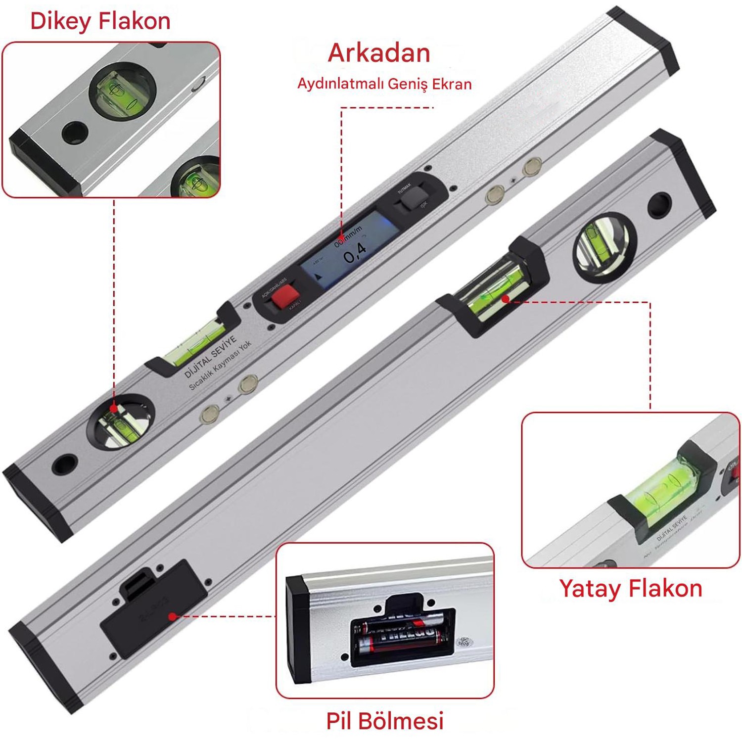 Dijital Lcd Ekranlı Su Terazisi 40 cm 400mm Hassas Elektronik Açı Ölçer Alüminyum Gövde Gönye Cihazı