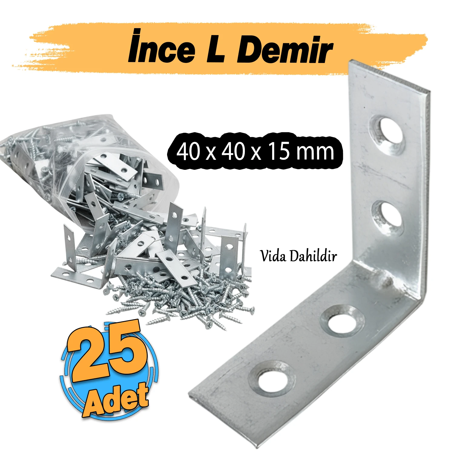 (25 ADET) Metal Köşebent 40x40x15 mm İnce L Demiri Gönye Mobilya Duvar Sabitleme Bağlantı Aparatı