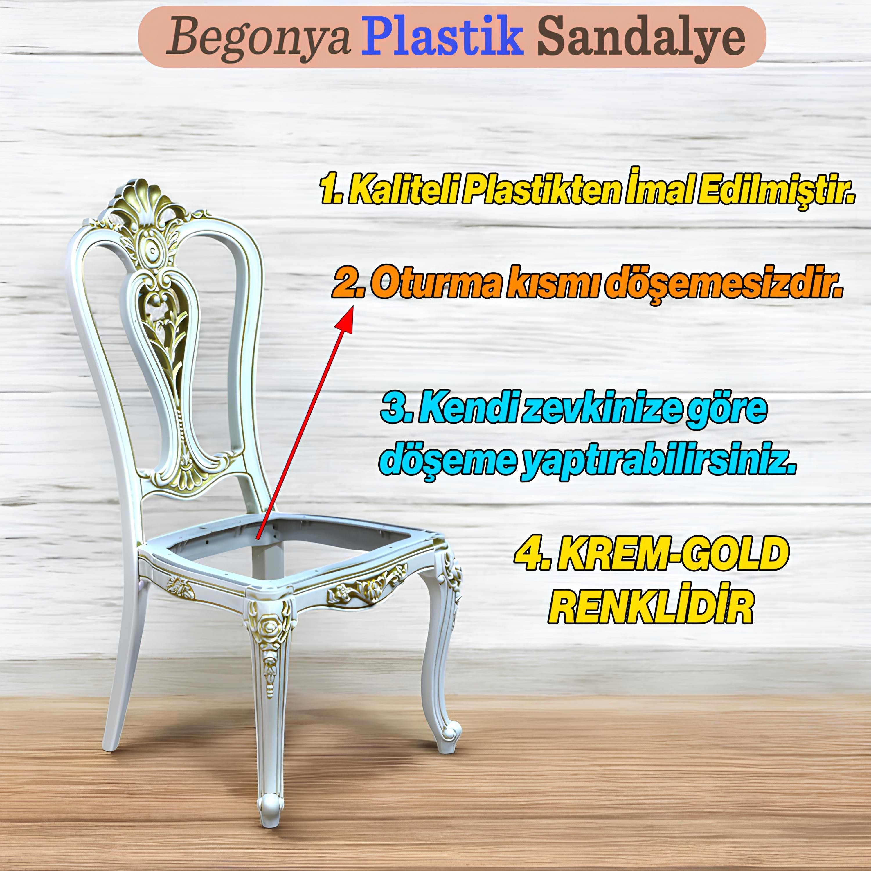 Begonya Sandalye Sert Plastik Krem Altın Gold Koltuk Bahçe Balkon Mutfak Yemek Masası Sandalyesi