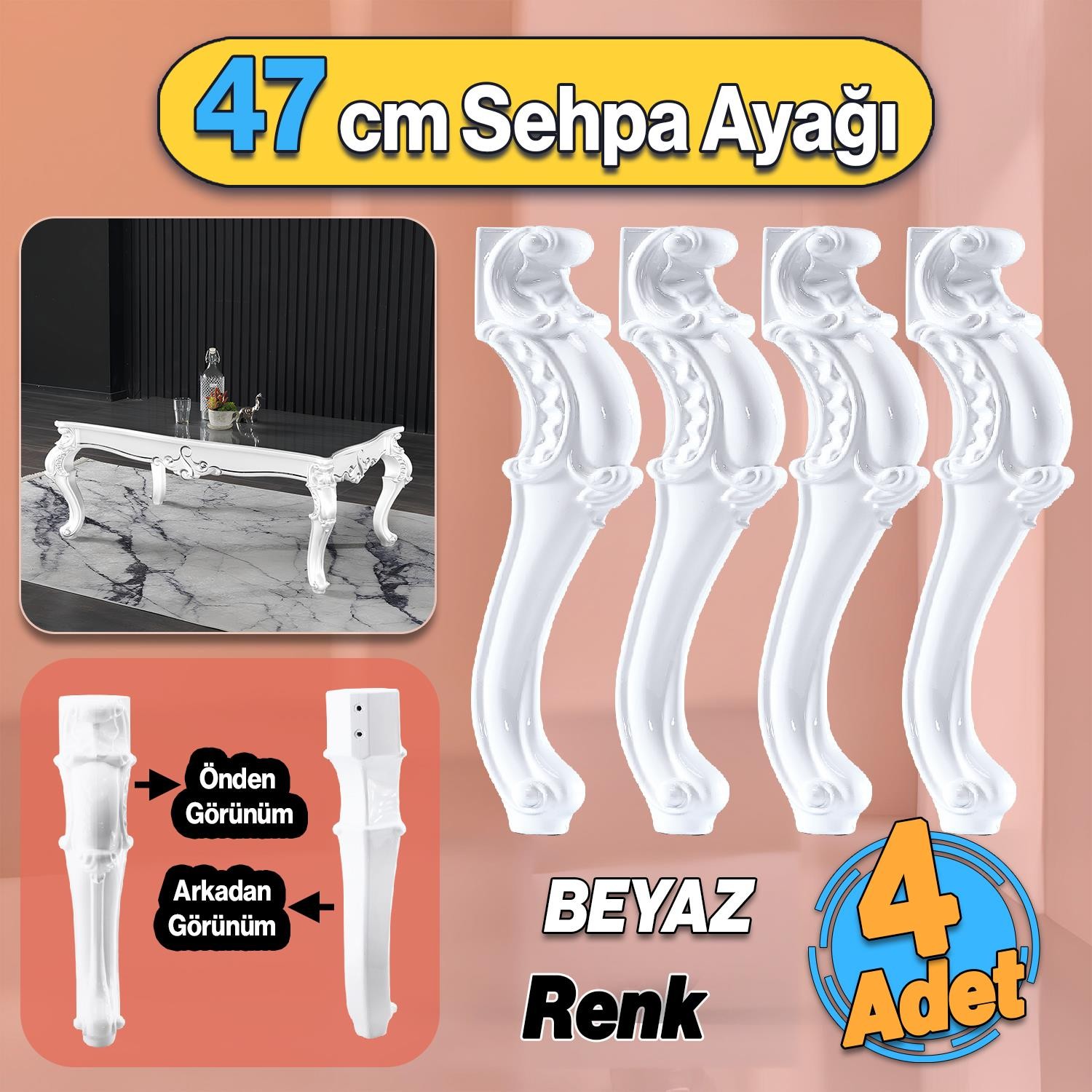 Beyaz Renk Plastik 4 Adet Valenta Sehpa Ayağı 47 cm Mobilya Zigon Çay Orta Sehpası Ayak Ayakları