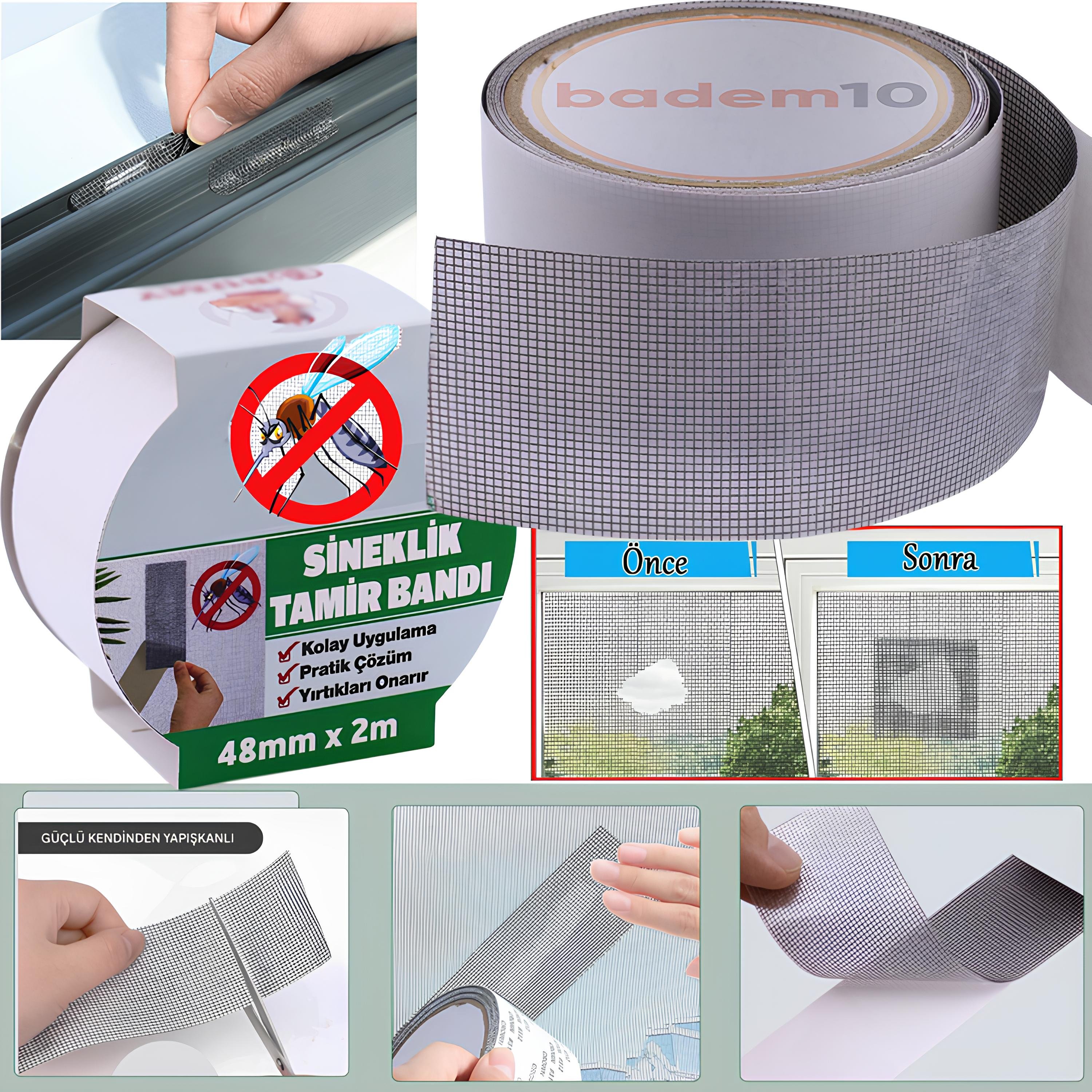 48 mm x 2 Metre Yapışkanlı Sineklik Tülü Tamir Bandı Yırtık Kopmuş Delik Fiber Tül Yapıştırma Gri
