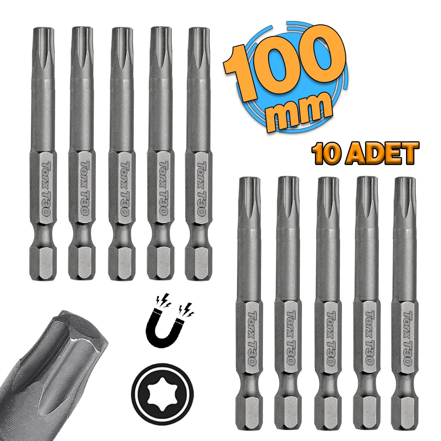 Mıknatıslı Torx T30 Bits Uç 100 mm 10'lu Set Kutulu Manyetik 1/4" Matkap Ucu Tork 10 cm Uzunluk