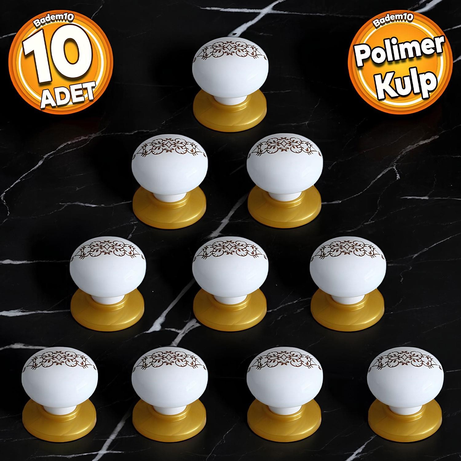 Polimer Kulp Düğme Desenli Beyaz Gold Tabla Dolap Mobilya Mutfak Dolabı Çekmece Kulpu Kulbu 10 ADET