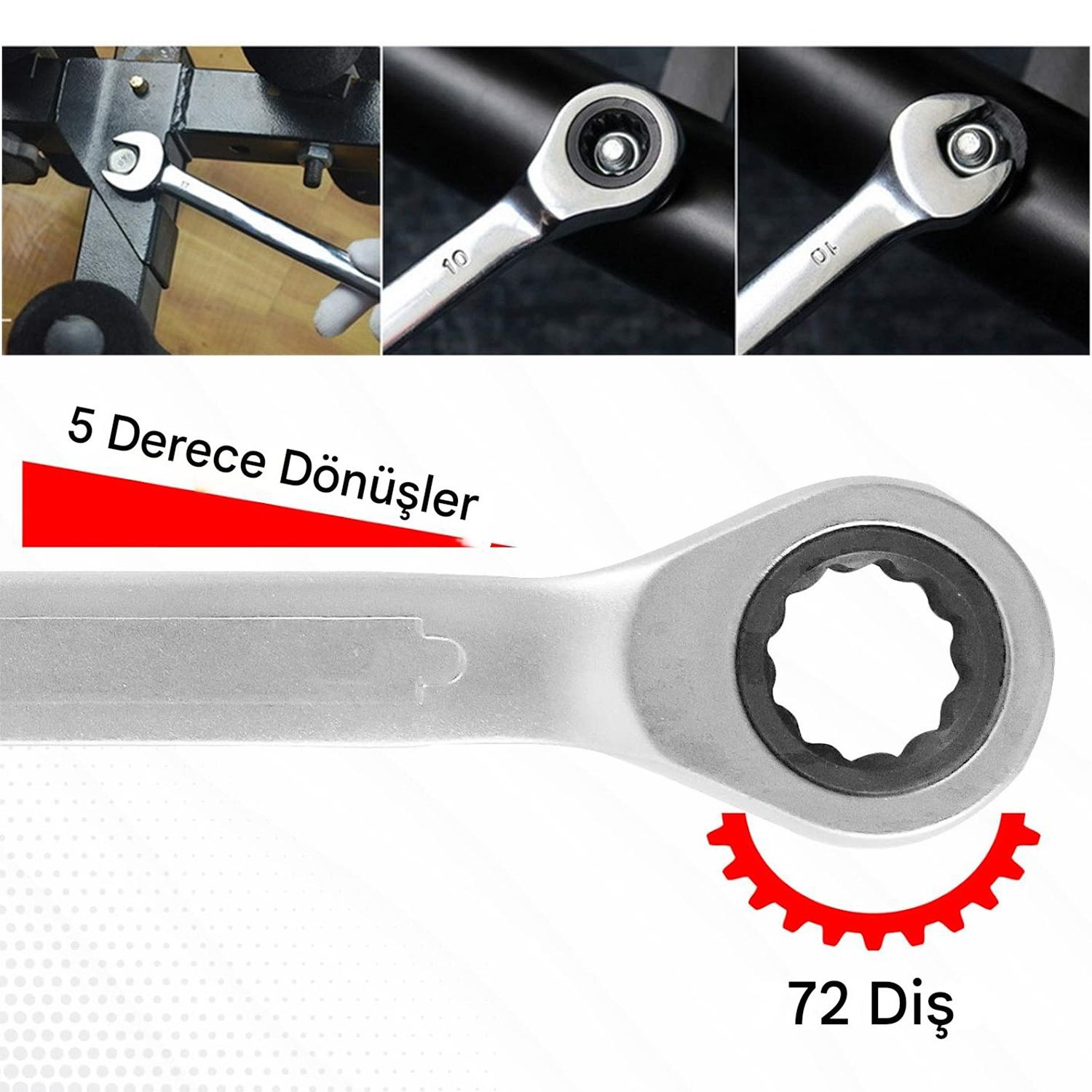 Cırcırlı Anahtar 10 mm Açık Ağızlı Düz ve Cırcır Kombine Anahtar 1 Adet Somun Sökme Sıkma