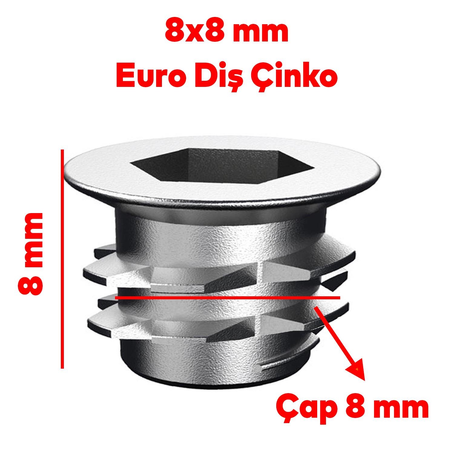 Mobilya Bağlantı Eleman Eki Euro Diş 6 Köşe Vida Metal Dübel 8x8 M6 Çinko (50 ADET)