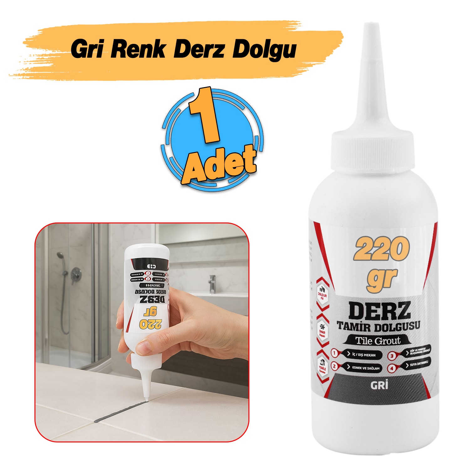 Gri Renk (220 Gr) Hazır Derz Dolgu Fayans Seramik Mermer Yer Duvar için Tamir Derz Yenileme Dolgusu
