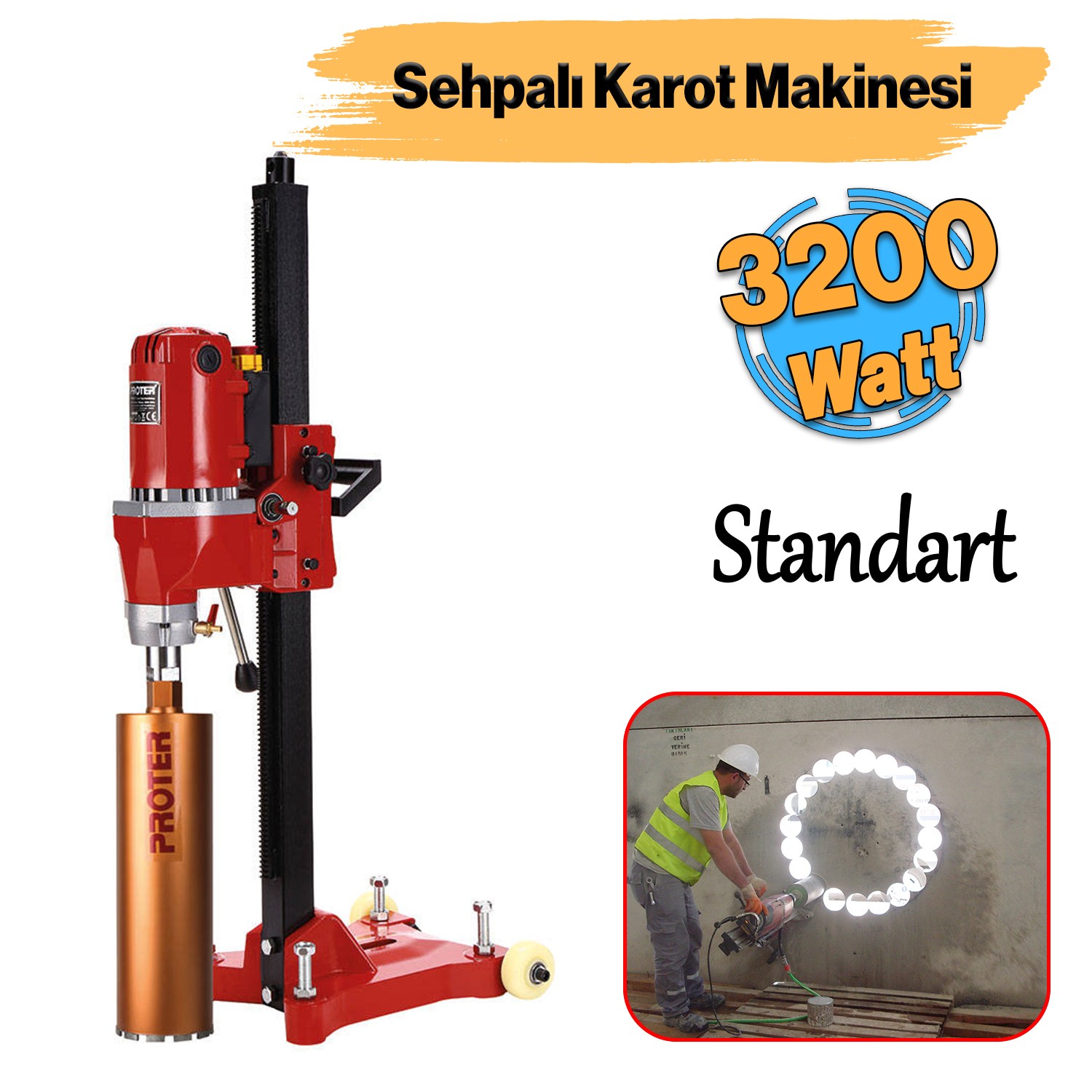 Elektrikli Standart Karot Makinesi Tezgah Tipli 3200 W Açısız Sulu Güçlü Delme Numune Alma Makinesi