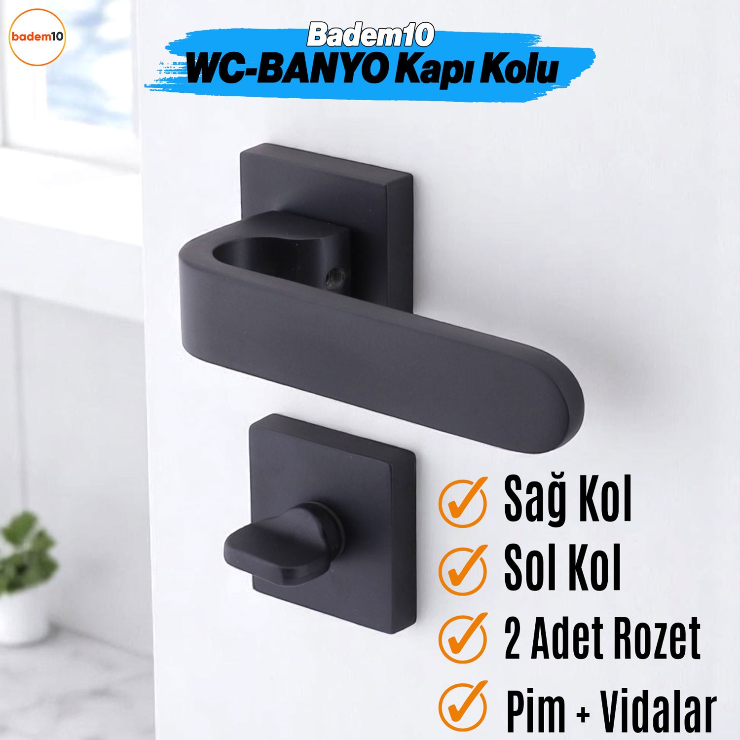 Ay WC - BANYO Siyah Kapı Kolu Kare Rozetli Ev Kapı Kolları Sağa Sola Uygun Kilitlenebilir 1 Takım