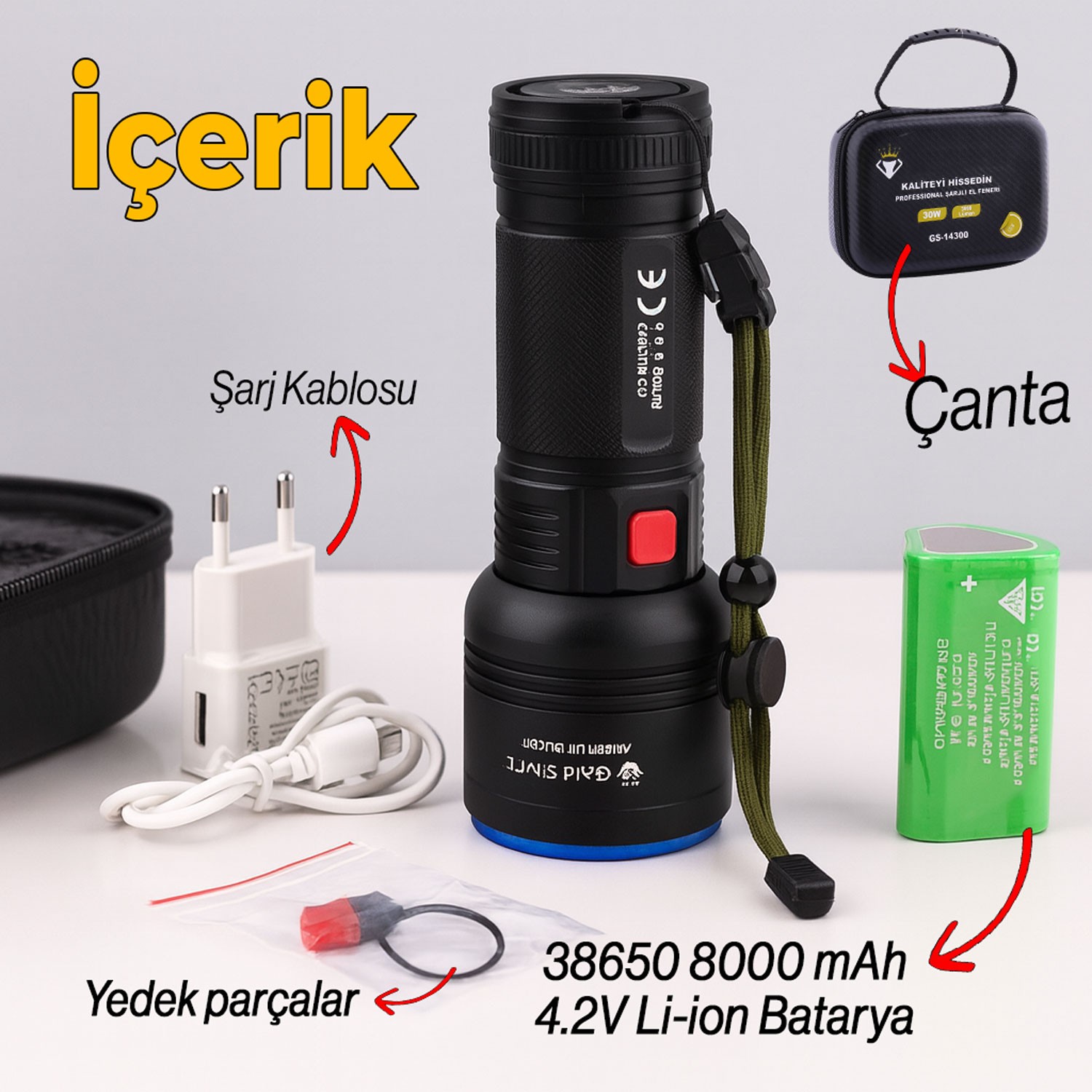 El Feneri 3000 Lümen Uzun Menzil 30W 8000 mAh Şarjlı Powerbank Ledli Işık Lambası Su Geçirmez Kamp
