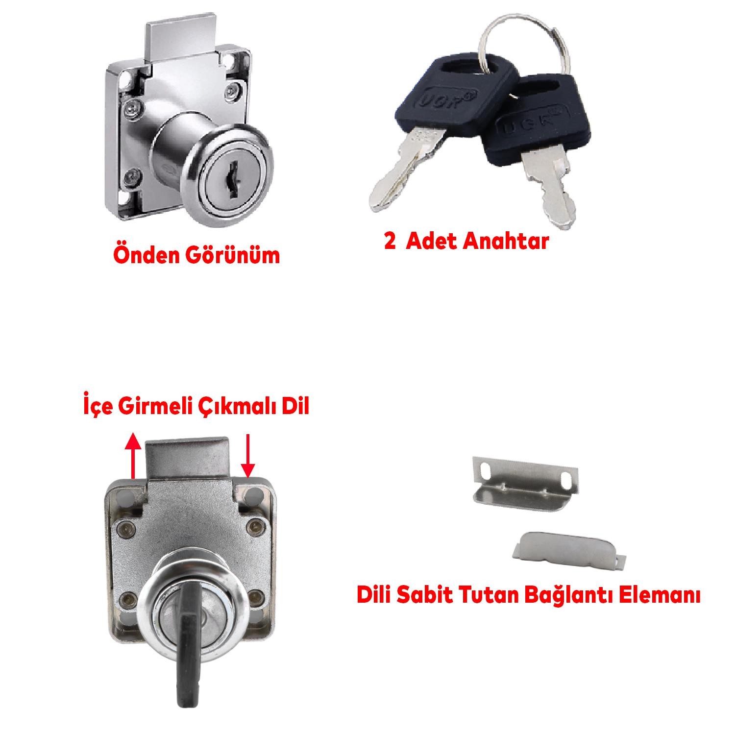 Kare Mobilya Çekmece Dolap Kilidi Nikel Krom 2 Anahtarlı Kilit 4x4 cm 22 mm