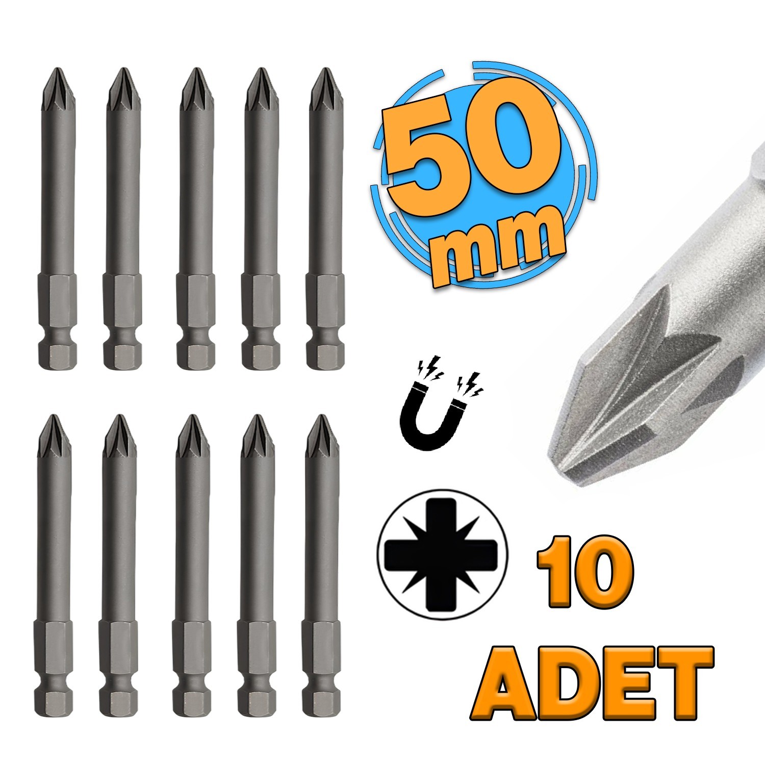 Mıknatıslı Pozidriv Bits Uç PZ2 50 mm 10'lu Set Kutulu Manyetik 1/4" Matkap Ucu 5 cm Uzunluk