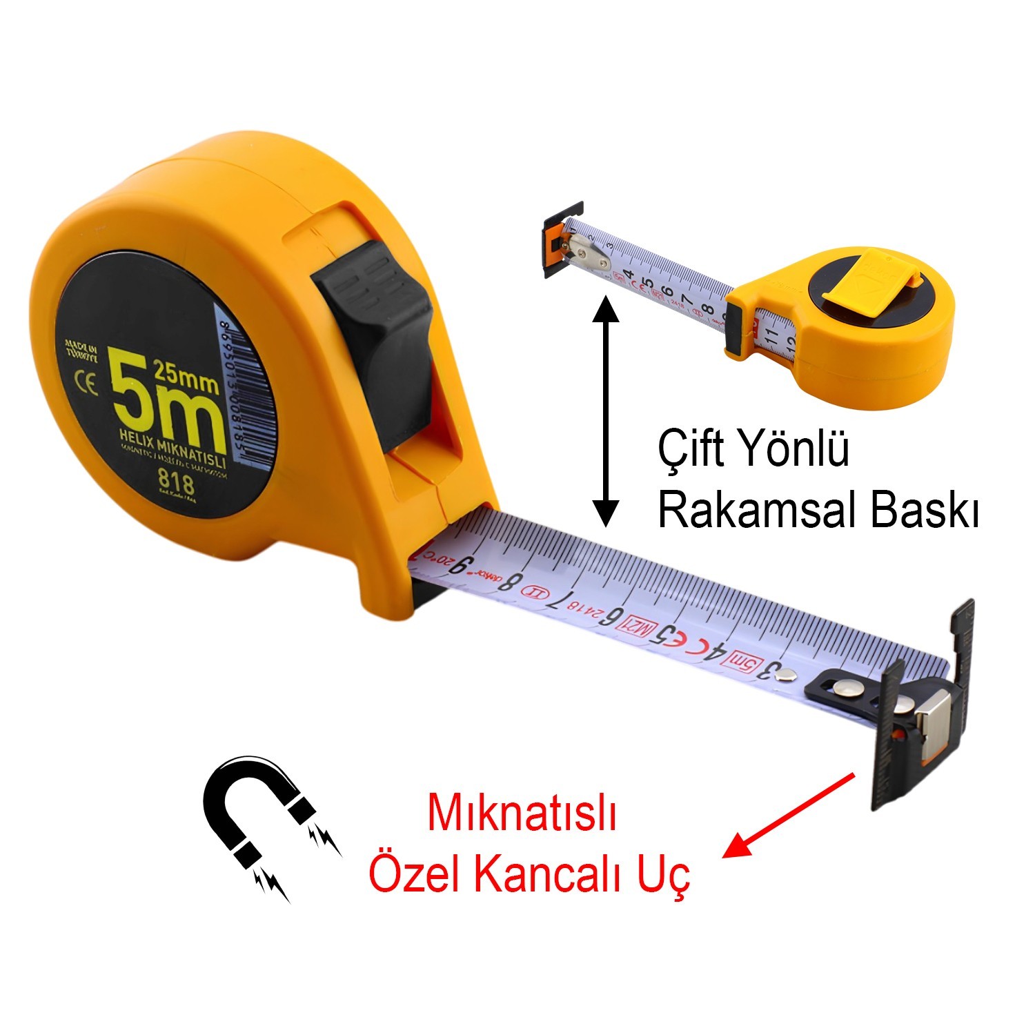 Mıknatıslı Helix Çift Taraflı Şerit Metal Metre 5 metre En 25 mm Ölçüm Ölçme Plastik Kasalı 1 Adet