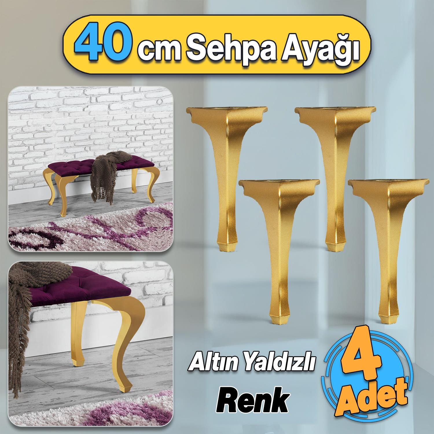 Altın Yaldız Renk 40 cm Plastik Sehpa Ayağı Lukens Mobilya Zigon Çay Orta Sehpası Ayak 4 Adet