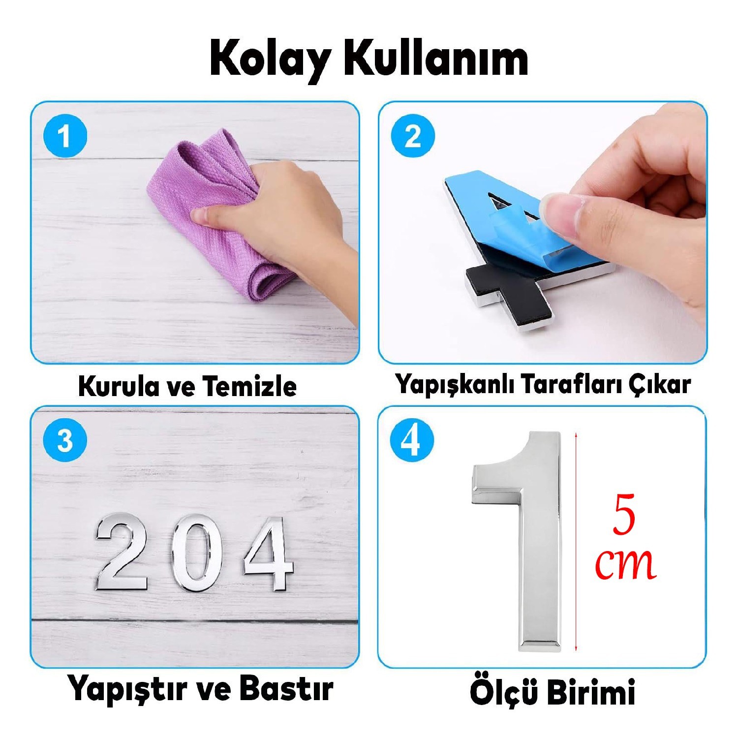 Yapışkanlı Kapı Numarası Küçük Boy 50 mm  5 cm Numara 1 Rakam Bir Sayısı Krom Renk Numaralar 1 Adet