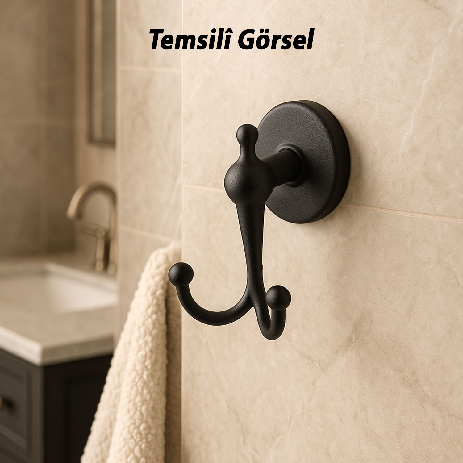 Dolce Mat Siyah İkili Askılık Vidalı Paslanmaz Metal Duvar Askısı Banyo ve Mutfak İçin