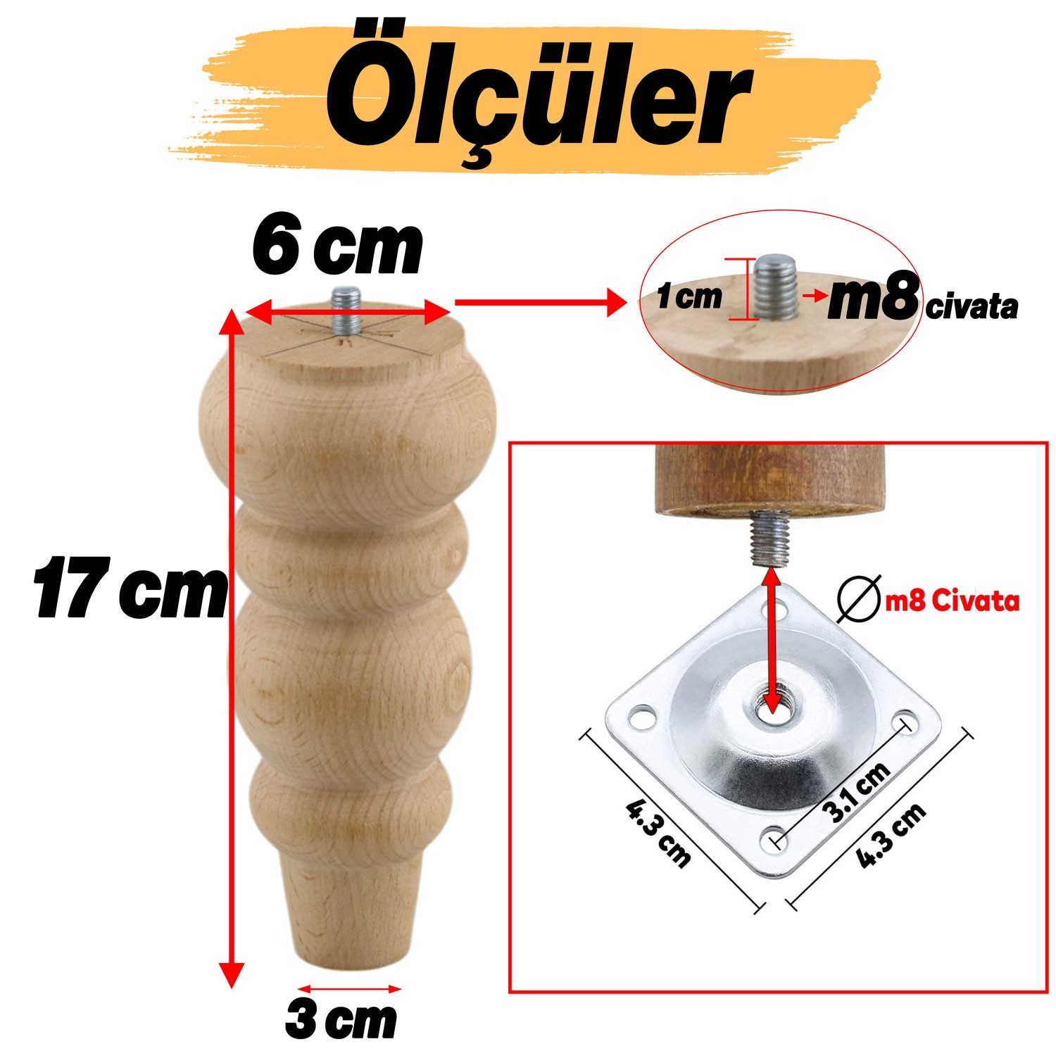 Ahşap 17 cm Ahşap Ayak Bağlantı Aparatlı Mobilya Koltuk Kanepe Sehpa Masa Ayağı Ayakları M8 Civatalı