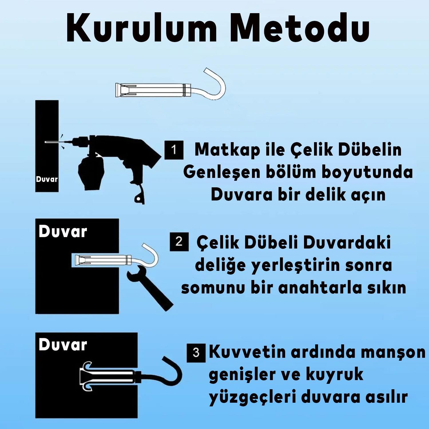 Kancalı Çelik Dübel M8 Salıncak Boks Torbası Avize İçin Gömlekli Açık Ağız Kanca 5 ADET