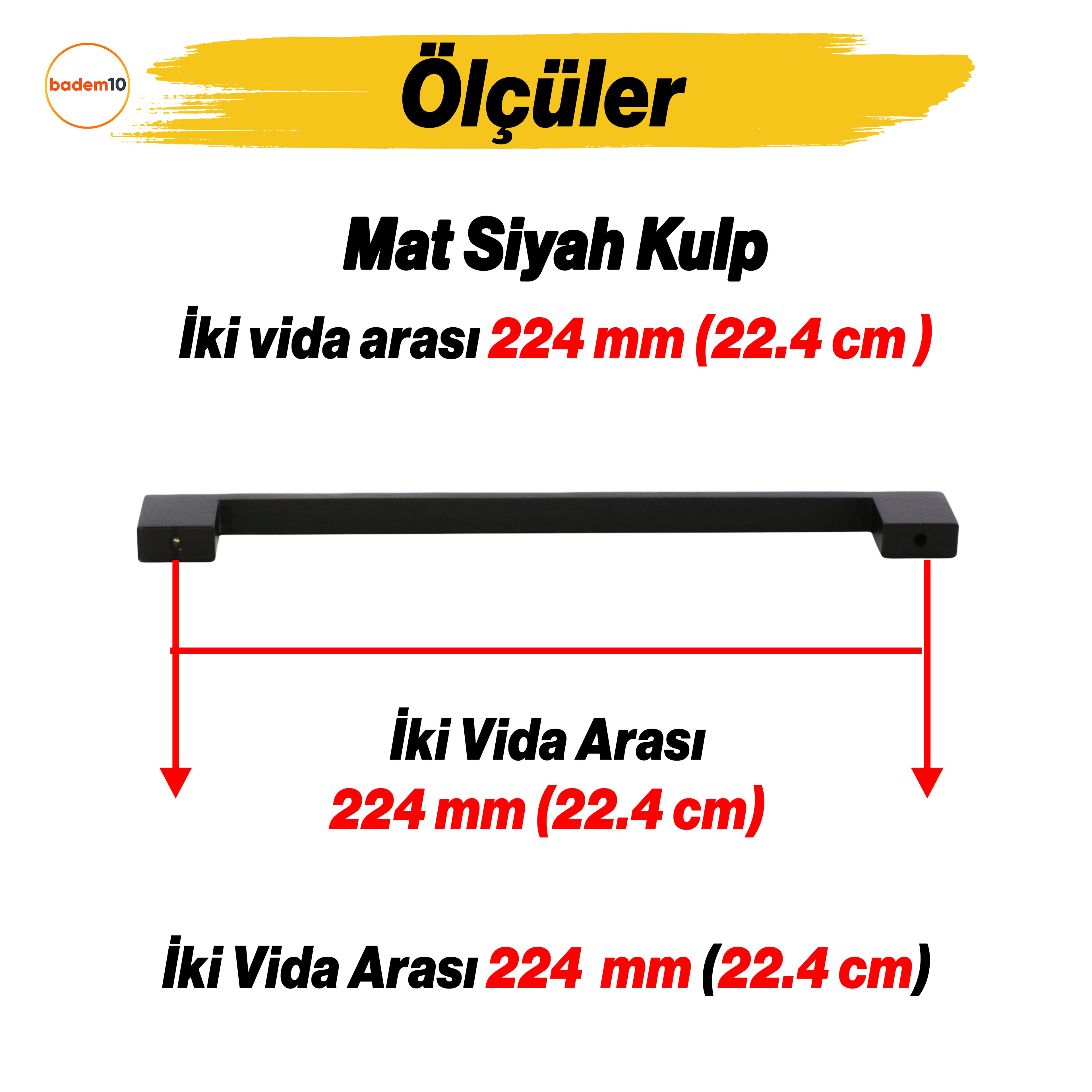Dar Köprü (224 mm - 22.4 cm) Siyah Metal Mobilya Mutfak Çekmece Dolap Dolabı Kulbu Kulpu Kulpları