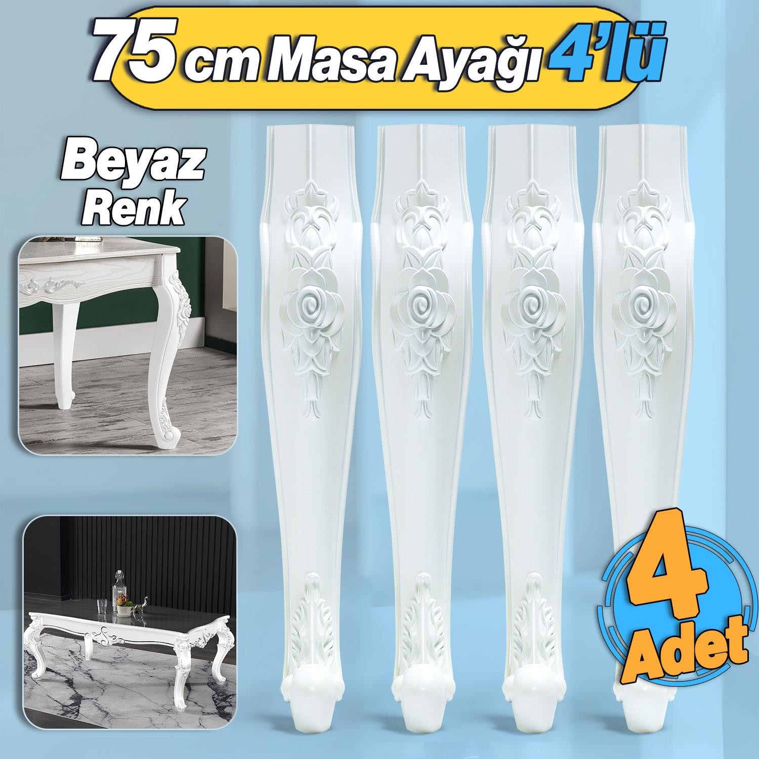 4 Adet Rosa Masa Dresuar Ayağı 75 cm Plastik Beyaz Ayak Mutfak Yemek Masası Mobilya Ayakları Beyaz