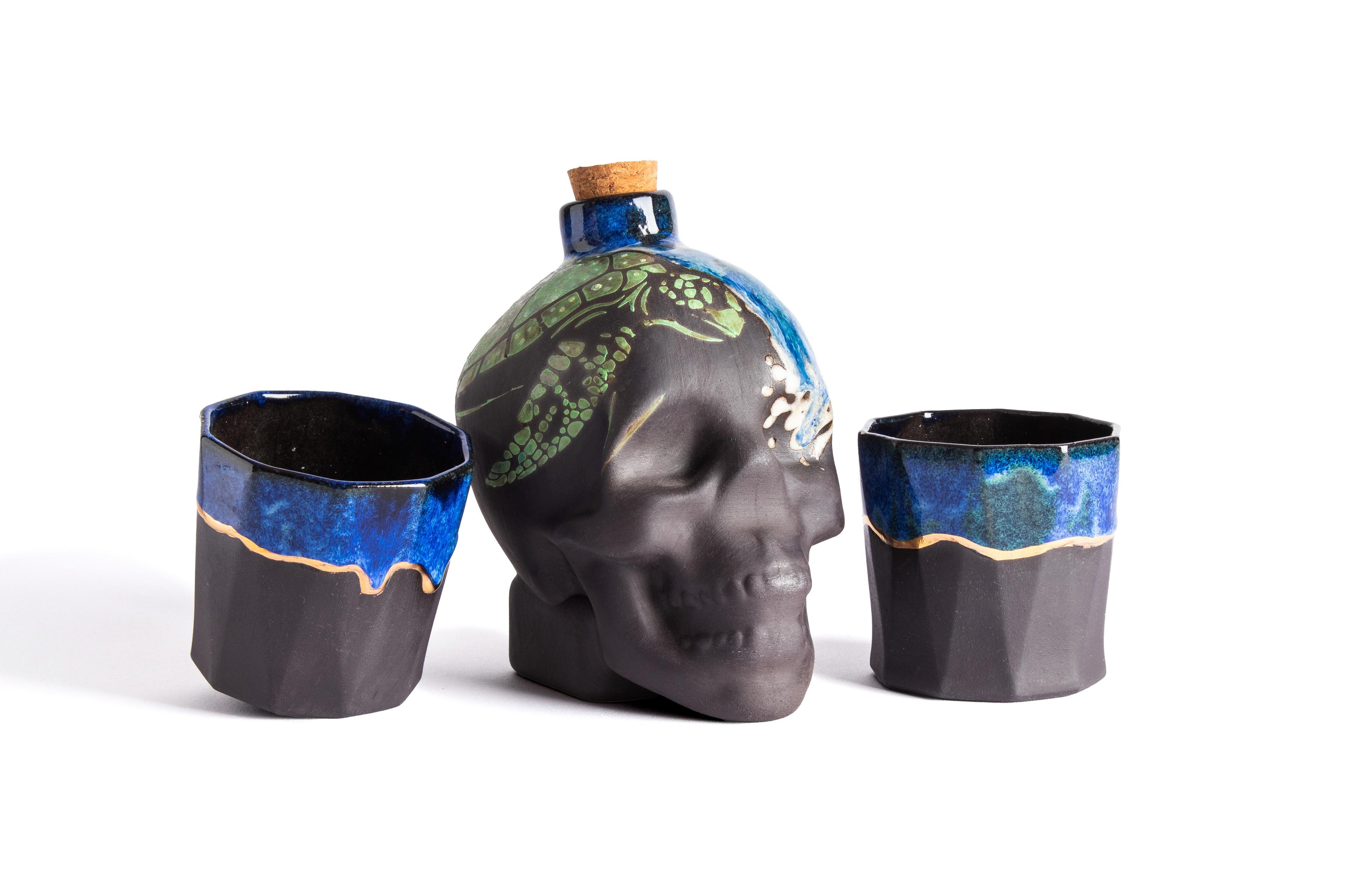 Skull Karaf ve Bardak Seti - Siyah Stoneware - Caretta