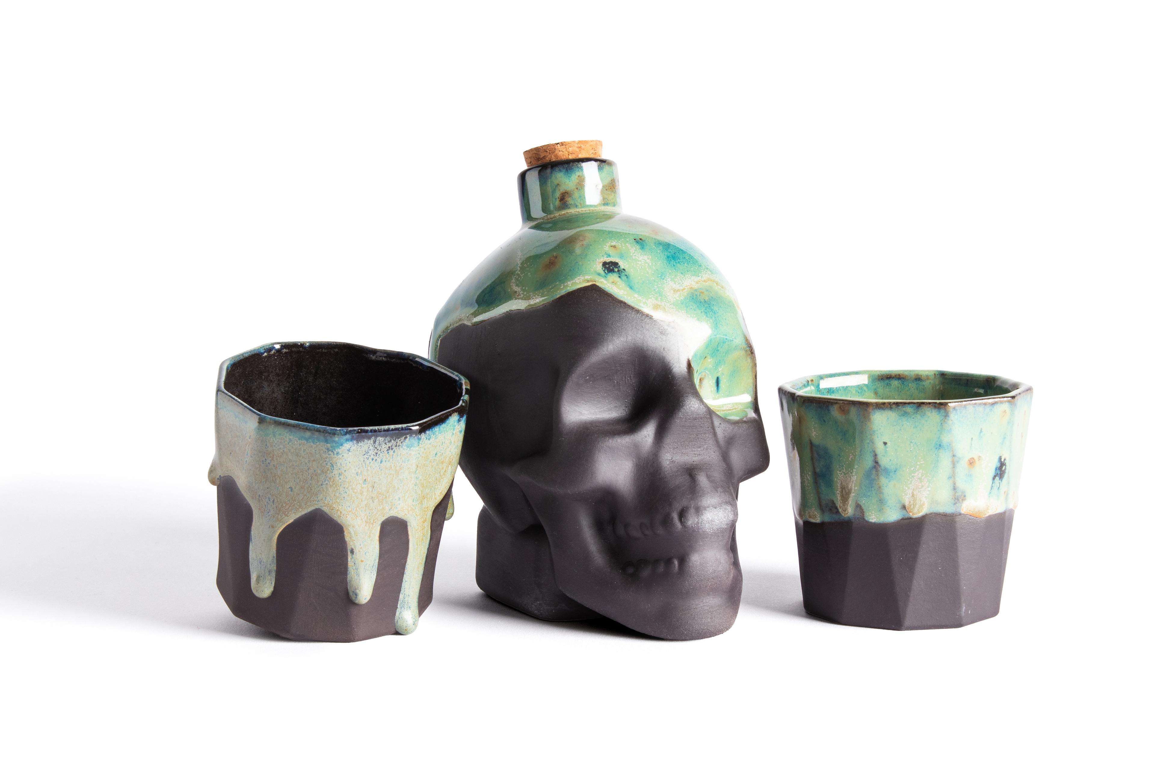 Skull Caraf and Cup Set - Black Stoneware - Navy Blue