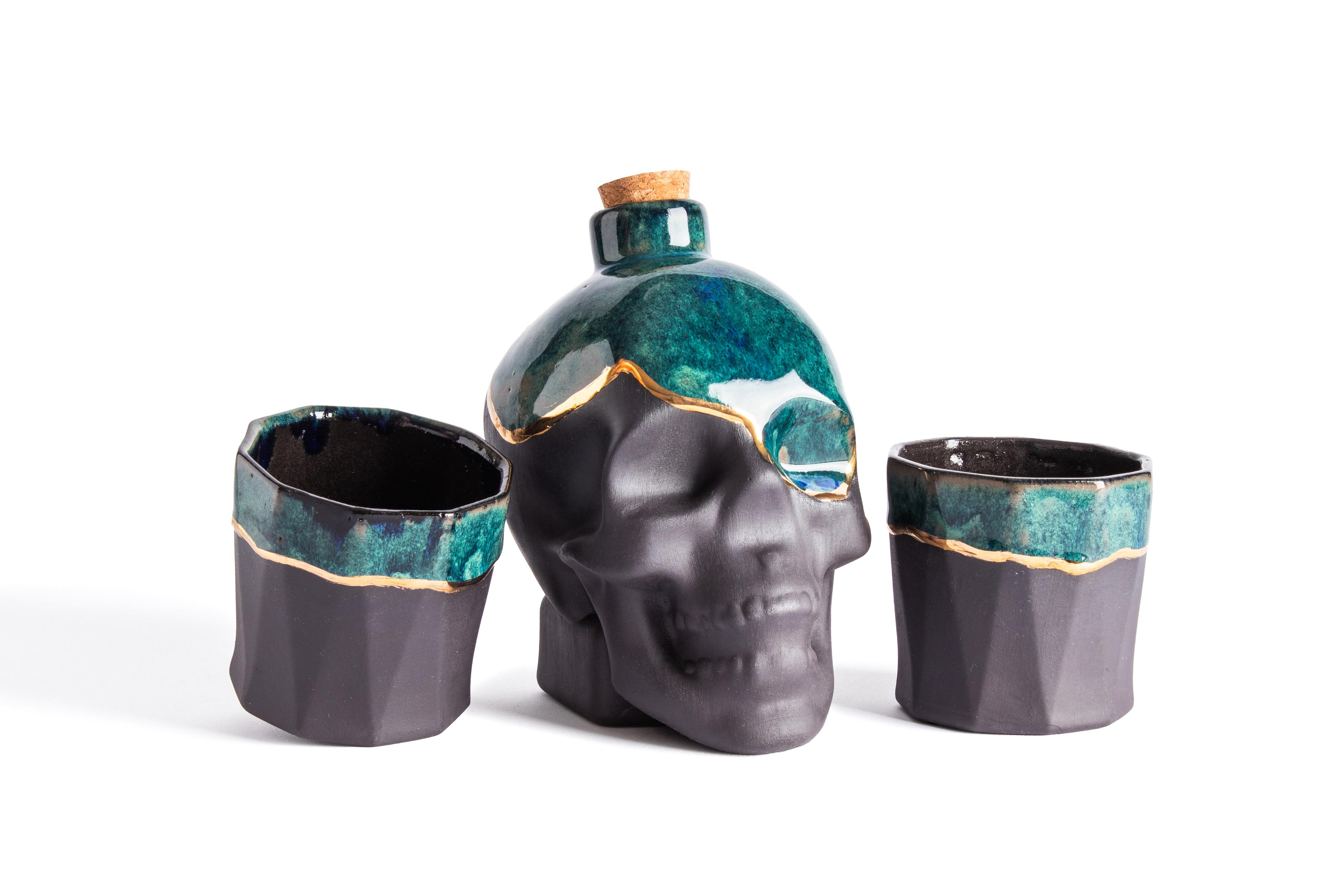 Skull Caraf and Cup Set - Black Stoneware - Gray