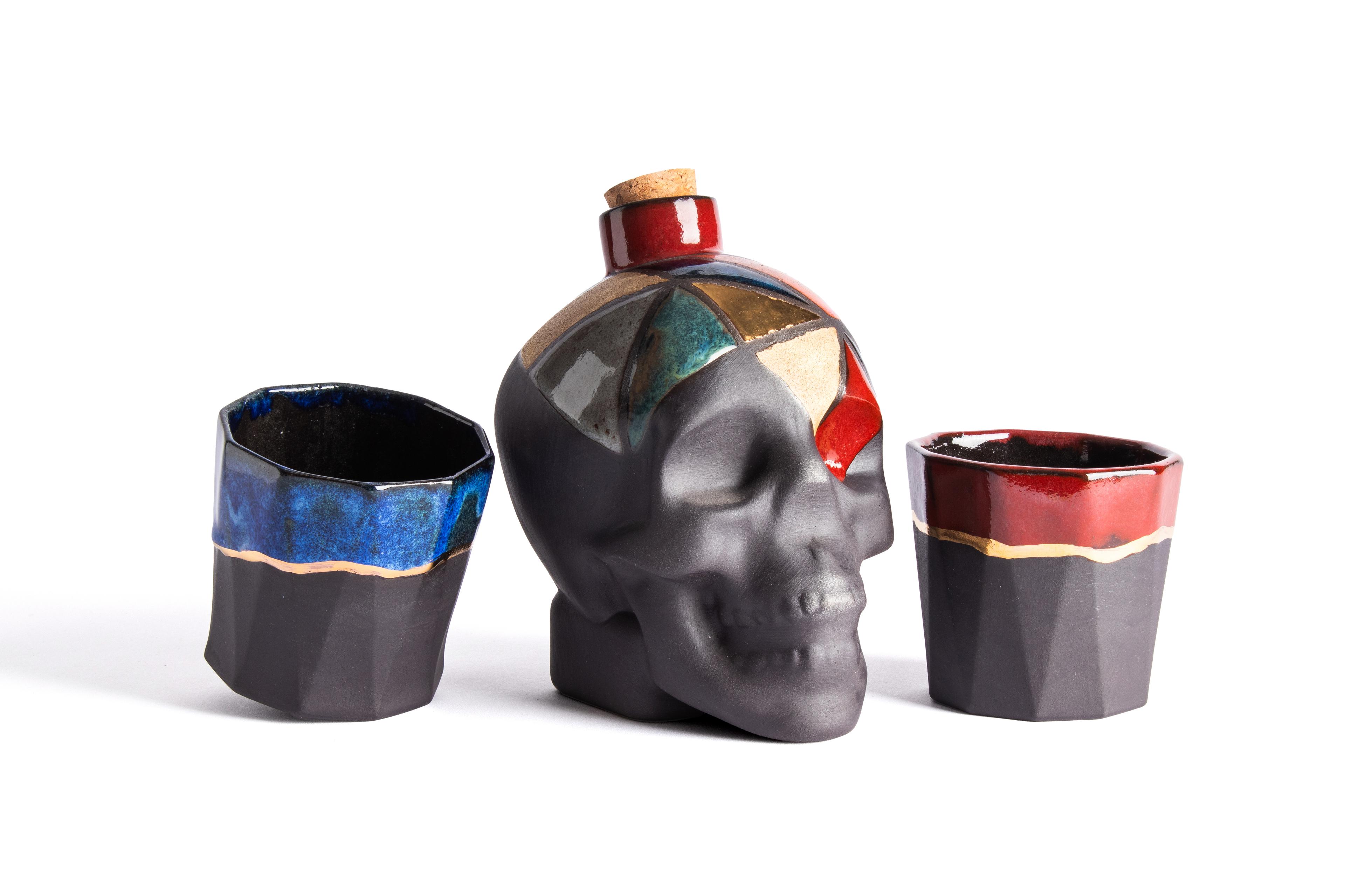 Skull Caraf and Cup Set - Siyah Stoneware- Geo