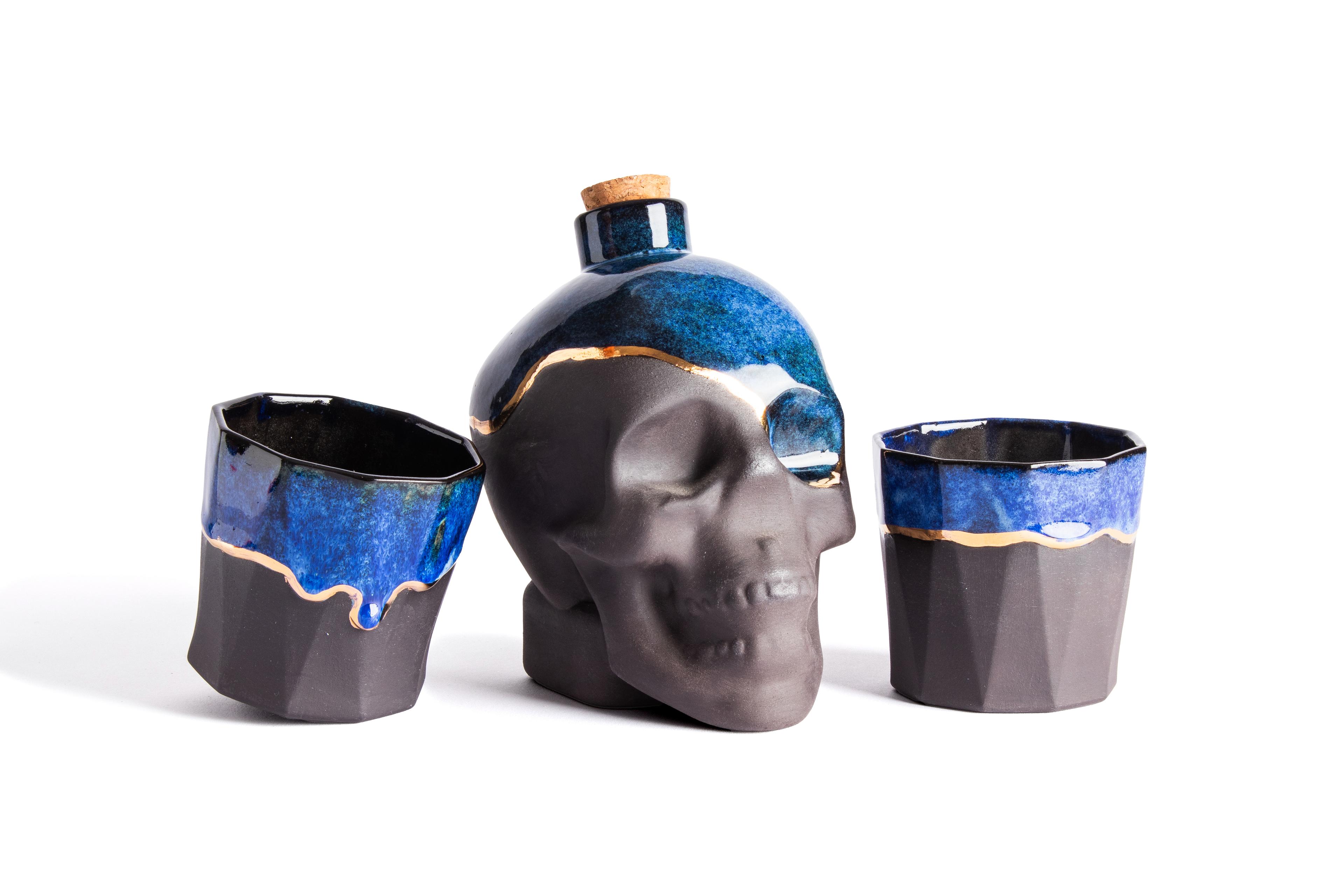 Skull Caraf and Cup Set - Black Stoneware - Green