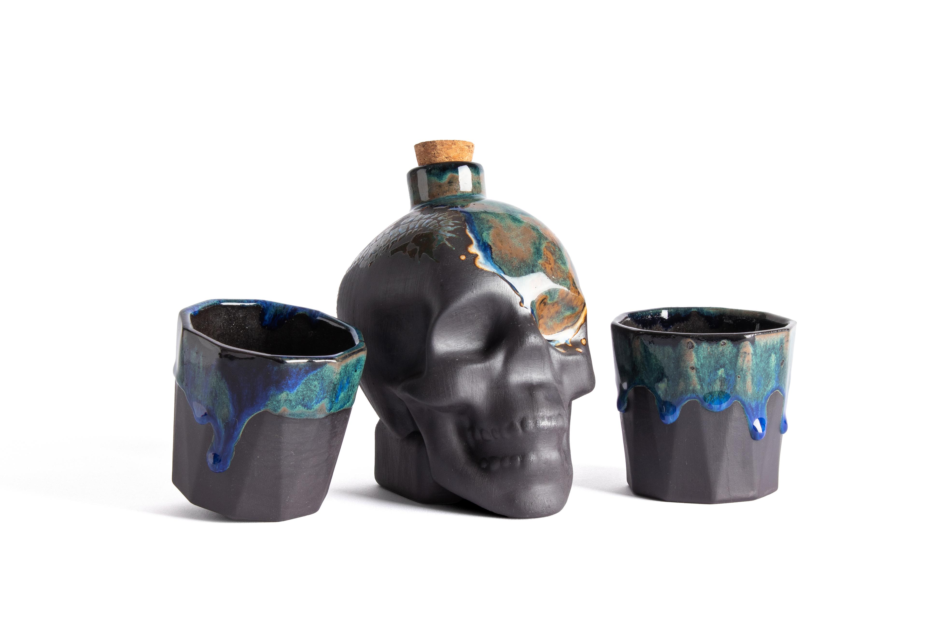 Skull Caraf and Cup Set - White Stoneware-Green