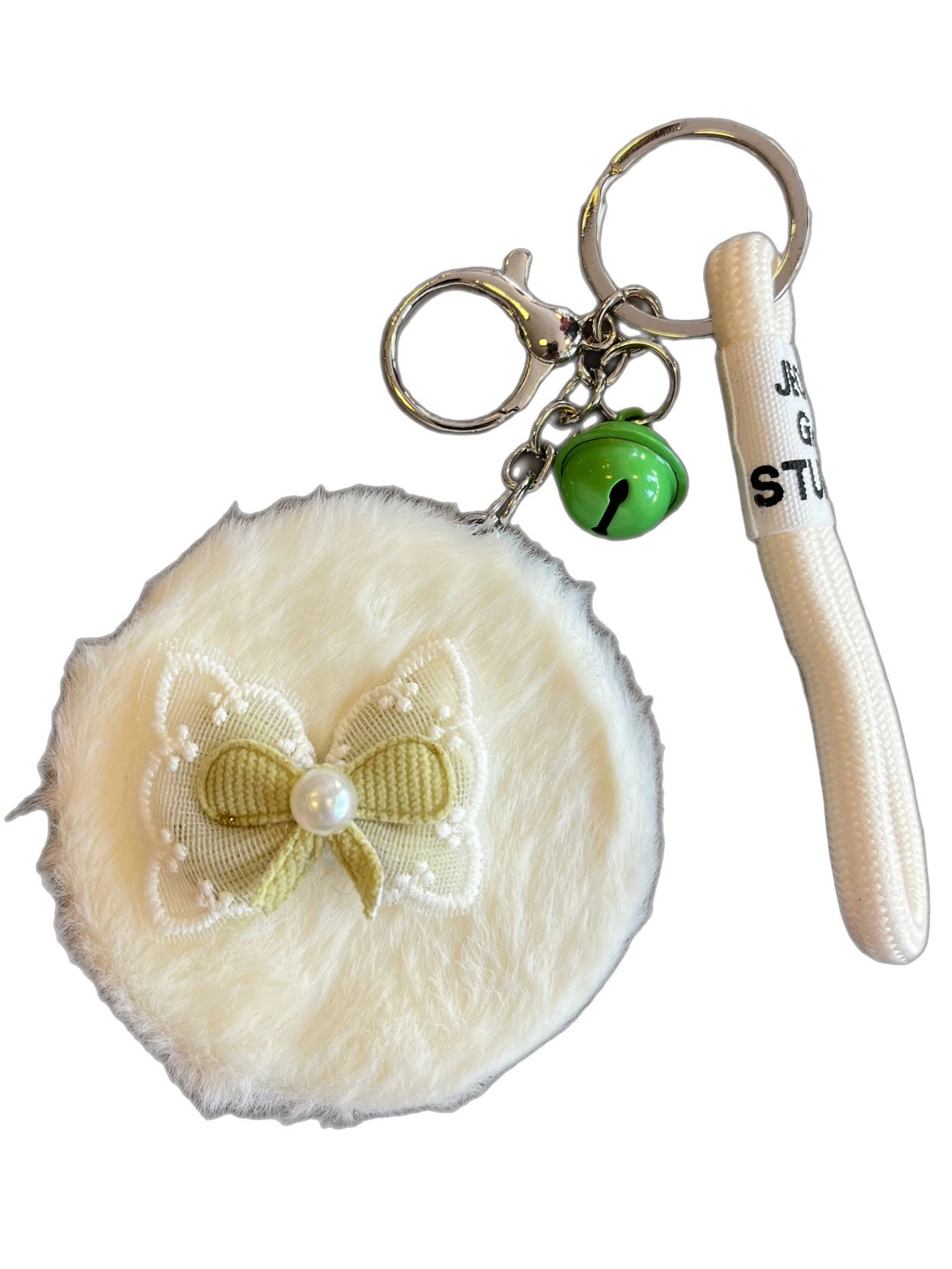 Mini Peluş Cep Makyaj Aynası Beyaz Anahtarlık Zilli