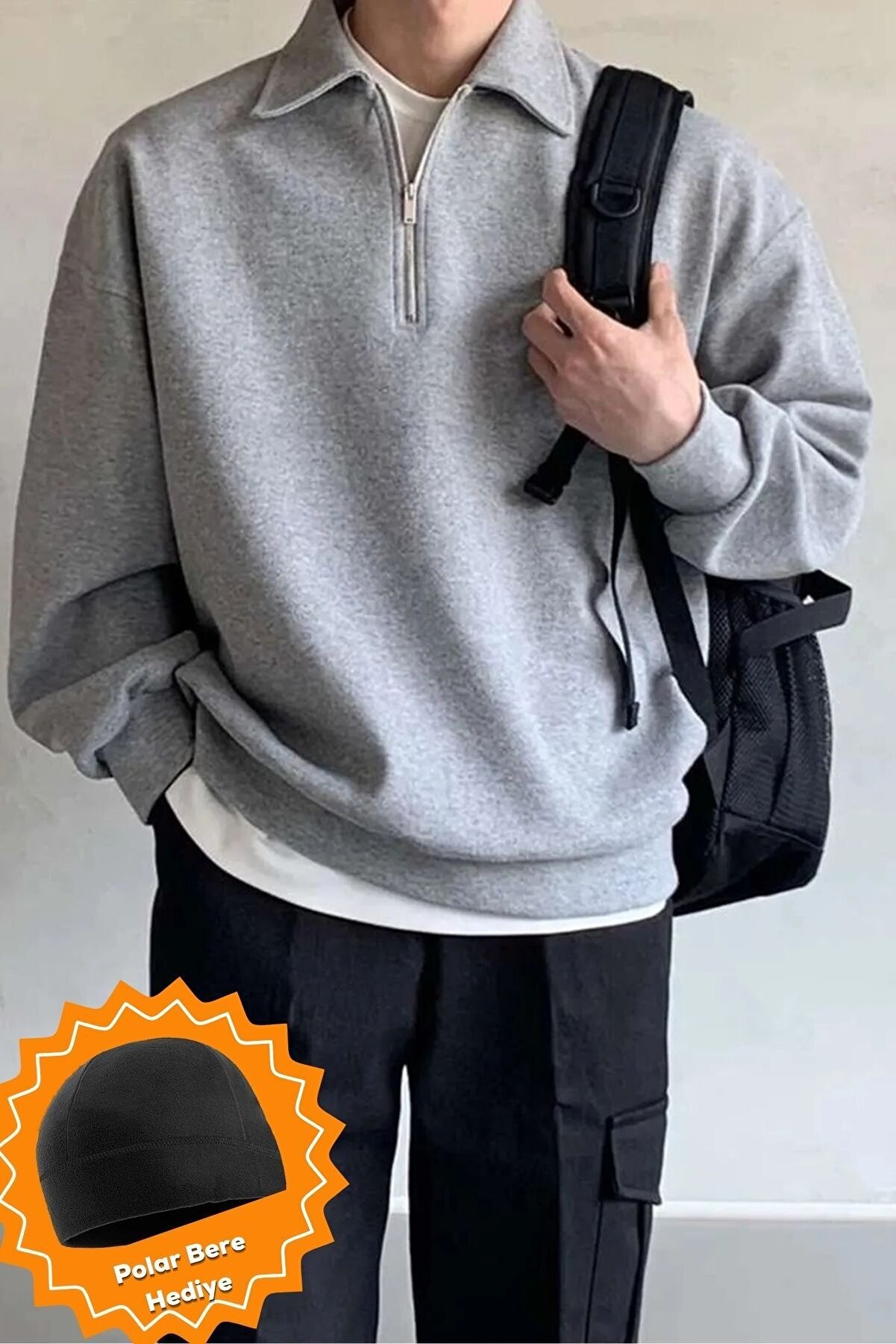 Ghassy Co Ghassy Co. Erkek Polo Yaka Oversize Yarım Fermuarlı Sweatshirt - Gri Melanj