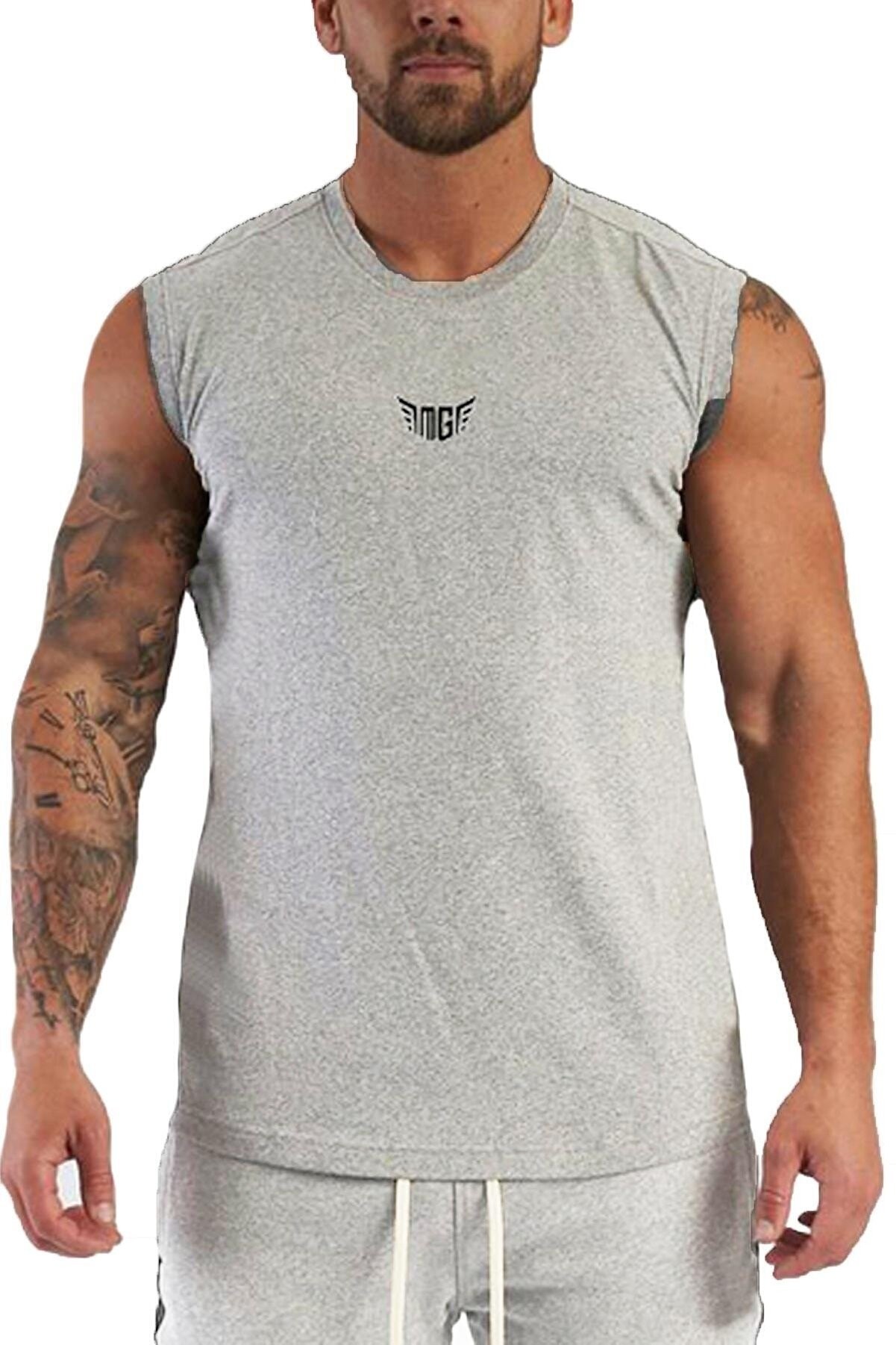 Ghassy Co. Erkek Nem Emici Hızlı Kuruma Atletik Teknik Performans Sporcu Sıfır Kol T-shirt GYM-107 - AÇIK GRİ