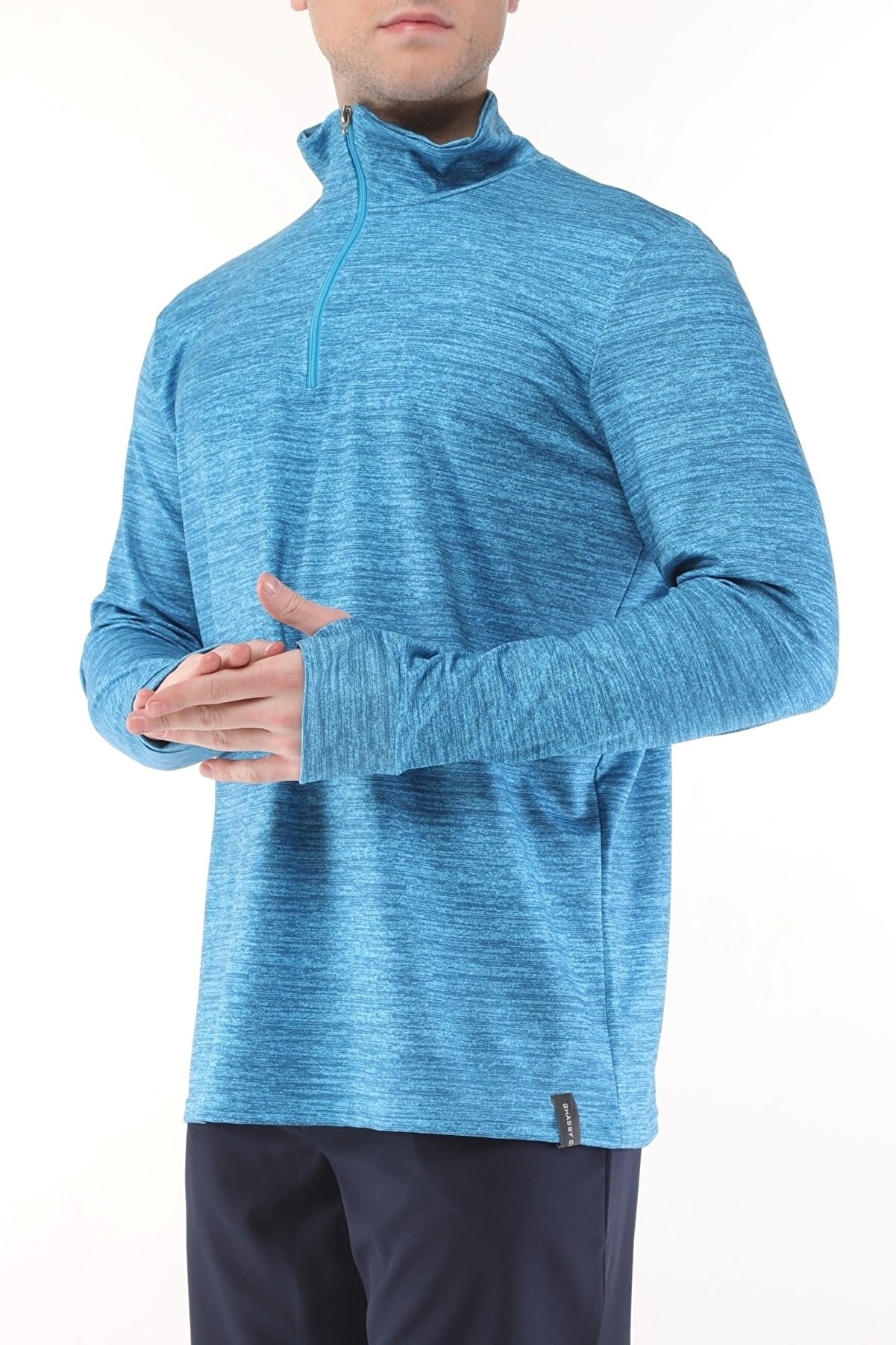 Ghassy Co. Erkek Running Nem Emici UV Güneşten Koruma Parmaklık Detaylı Uzun Kollu Outdoor Tshirt - TURKUAZ