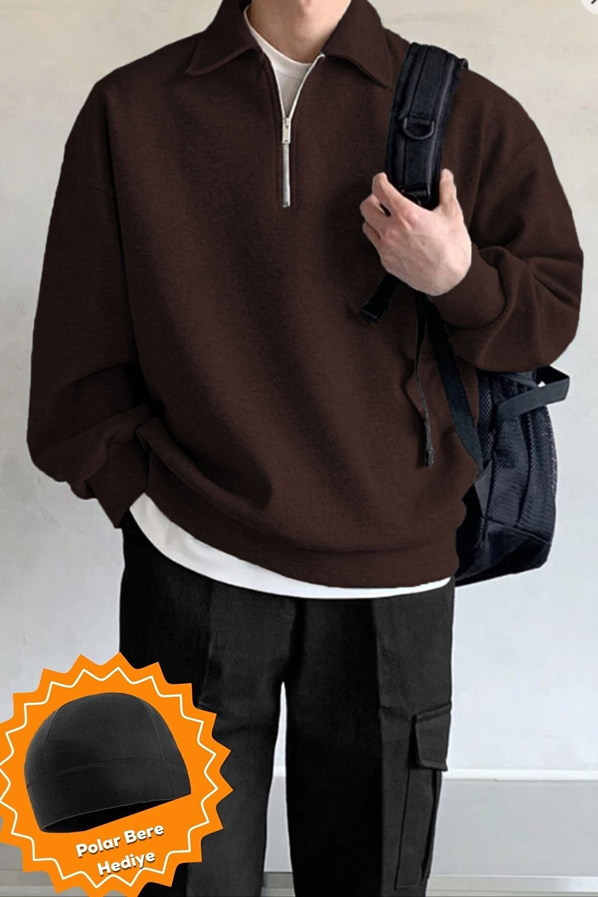 Ghassy Co Ghassy Co. Erkek Polo Yaka Oversize Yarım Fermuarlı Sweatshirt - KAHVE
